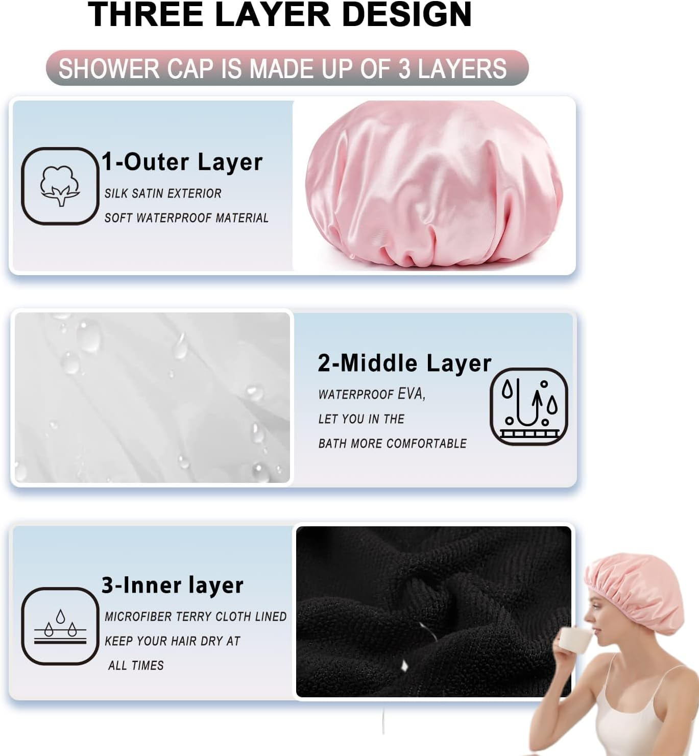 Terry Lined Triple Layer Large Shower Cap for Women - Reusable, Waterproof & Washable - Soft Bath Cap for Long Thick Hair Protection - Pink - Ideal for Hair Care & Styling image number 1