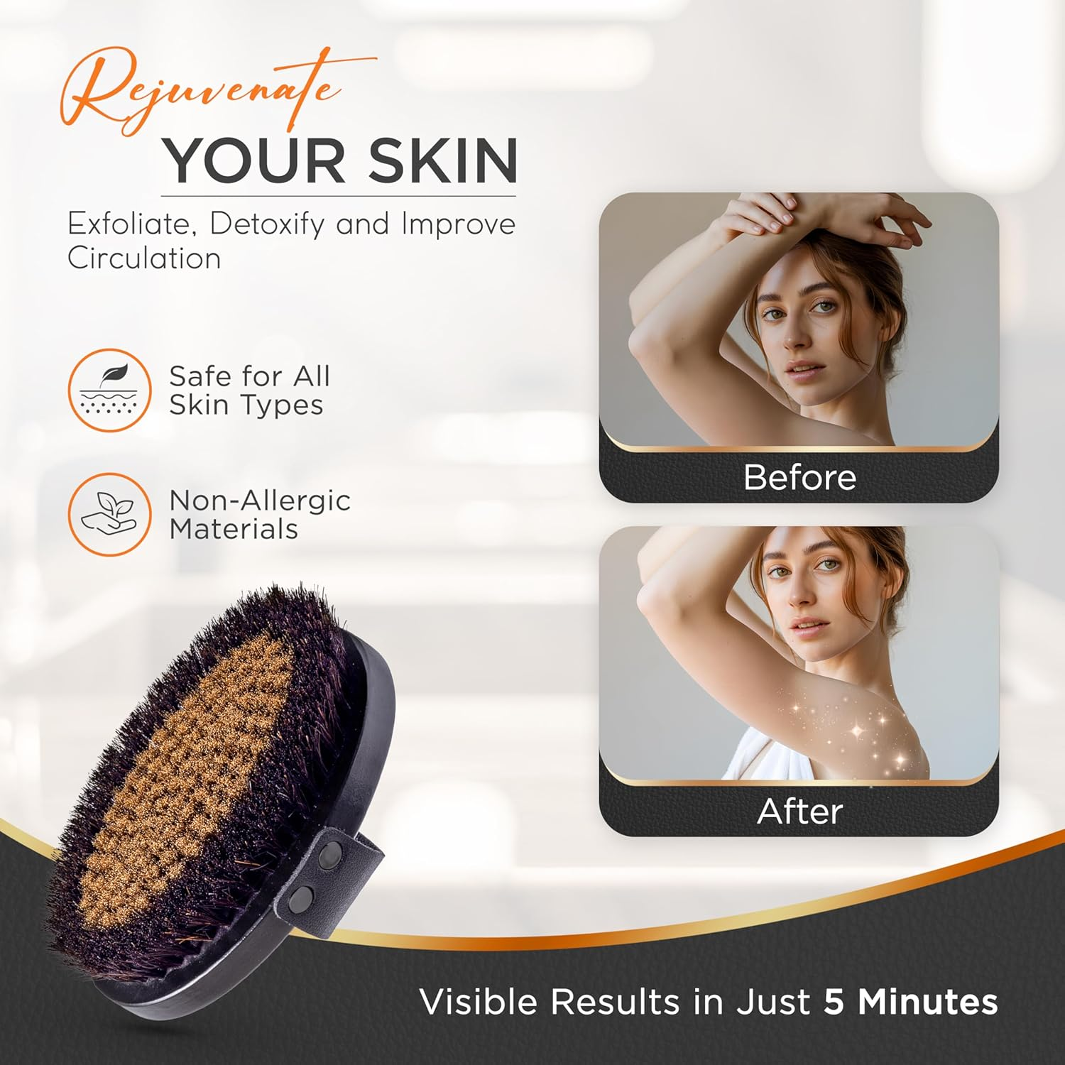 Copper Body Brush - Dry Brushing Body Brush with Ion Charged Copper Bristles, Glowing Skin, Lymphatic Drainage and Blood Circulation Improvement image number 6