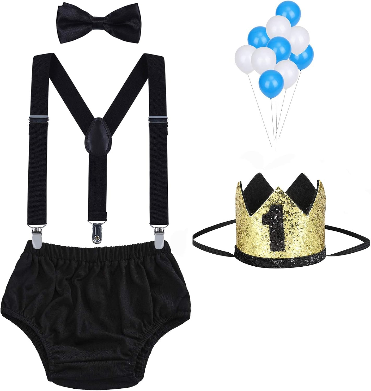 WELROG Baby Boys First Birthday Cake Smash Outfit Bow Tie Suspenders Bloomers Birthday Hat Sparkle Gold