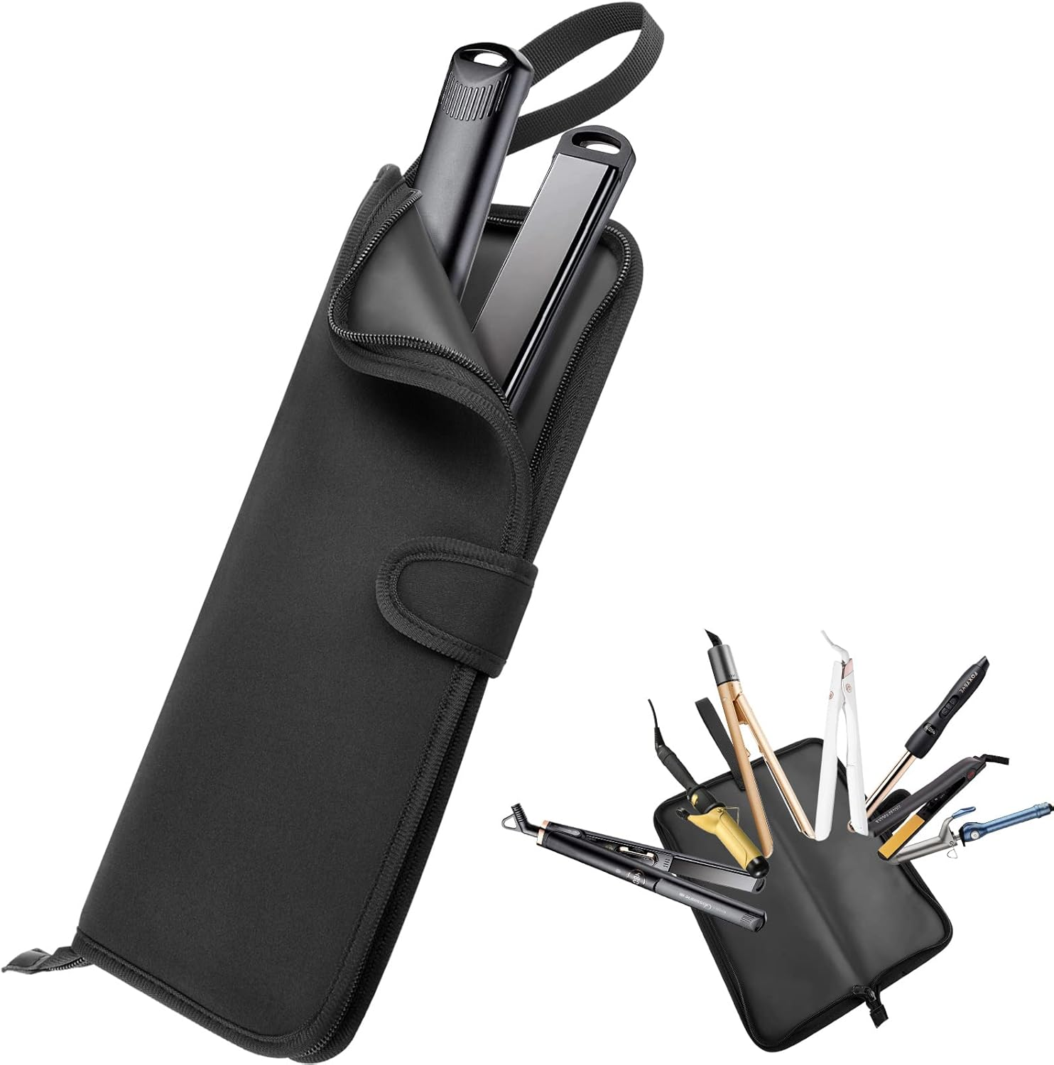 Heat Resistant Flat Iron Case, Portable Hair Straightener Pouch, Curling Iron Neoprene Cover with Silicone Mat for Hair Styling Tools 13 X 5 Inches (Black)
