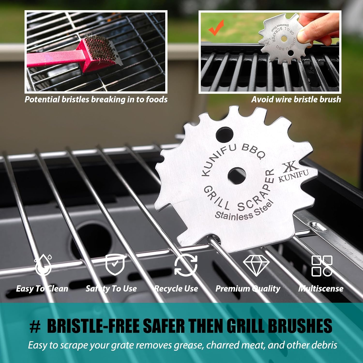 KUNIFU BBQ Grill Scraper, Stocking Stuffers, Bristle-Free for Griddle, Kitchen Gadgets Cleaner, Camping Accessories, Ideal Gifts for Christmas, for Men, Dad, Husband, Boyfriend, Fathers Day image number 3