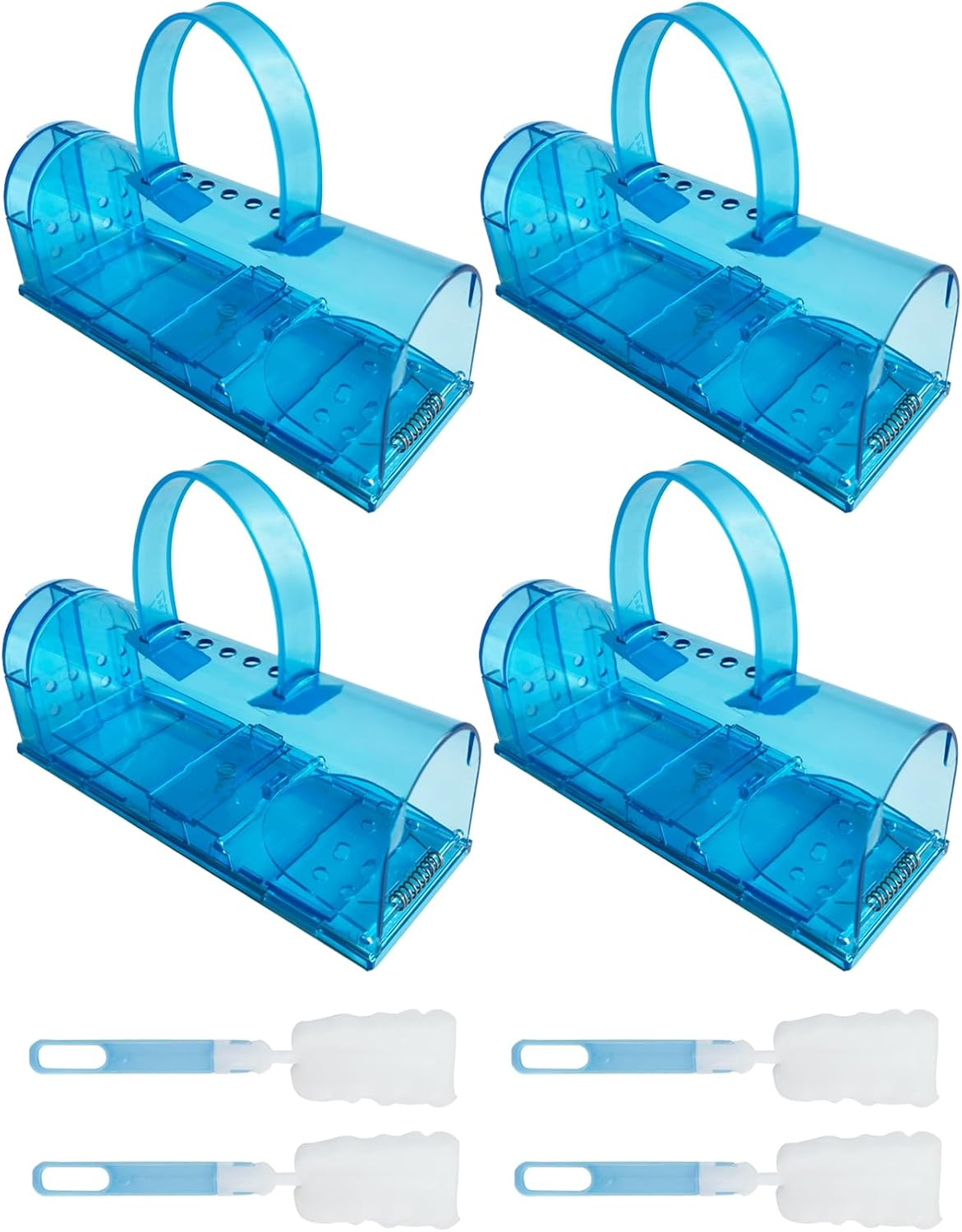 4Pack Humane Mouse Trap Cage with Handle & Cleaning Brush - Safe Effective No-Kill Live Mouse Traps for Indoor & Outdoor Use - Durable Reusable Rodent Catcher for Home, Garage Easy Set Release (Blue) image number 3
