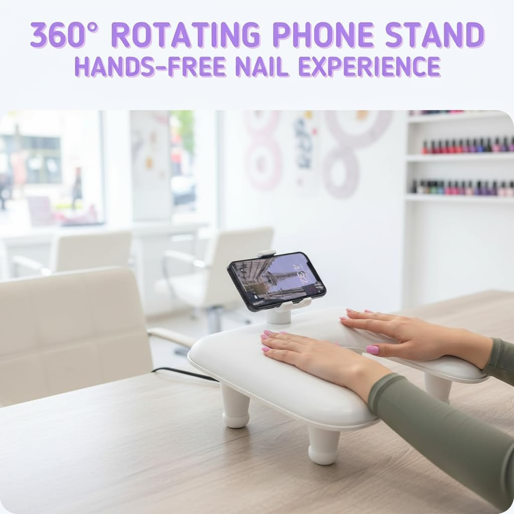 PANTREE Manicure Arm Rest for Nail Techs: U Shaped Manicure Arm Rest with 360&deg; Rotating Phone Holder - Big Arm Rest for Nail Techs - Detachable Manicure Hand Pillow for Salon or Home Use (White) - New-White image number 3