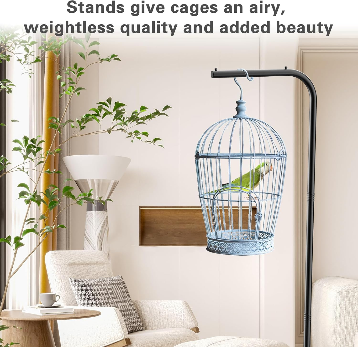 Dealsgogo Bird Cage Stand, Tubular Steel Hanging Bird Cage Stand Black, Hanging Plant Stand image number 3