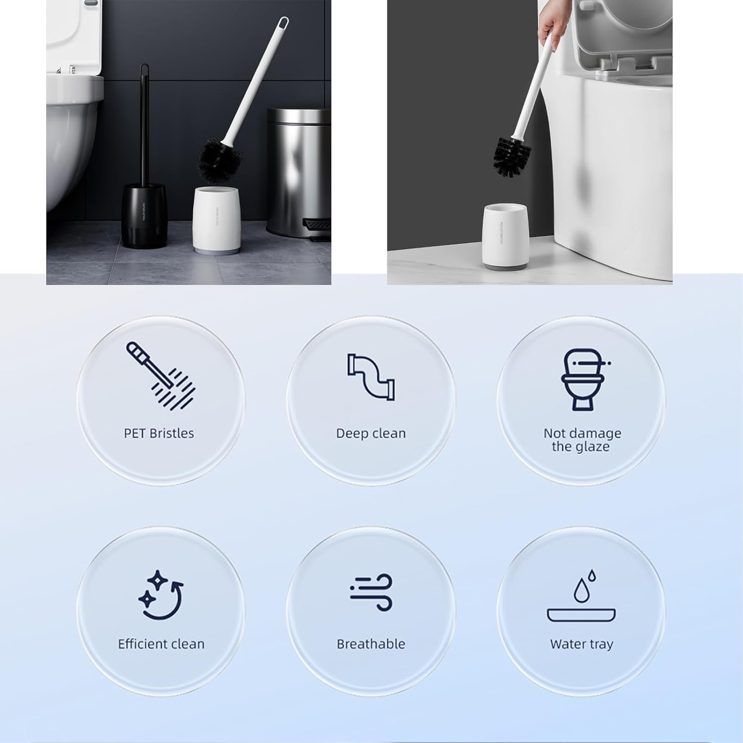 Toilet Bowl Brush and Holder Set for Bathroom, Toilet Cleaning Scrubber Cleaner Brush for Bathroom for Deep Cleaning with Stiff Plastic Bristle, Ventilated Holder (White) - 2Black image number 5
