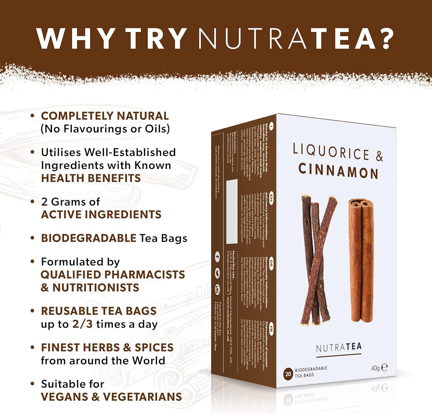 Nutra Tea - Liquorice & Cinnamon Tea | 40 Herbal Tea Bags - (2 Pack) image number 1
