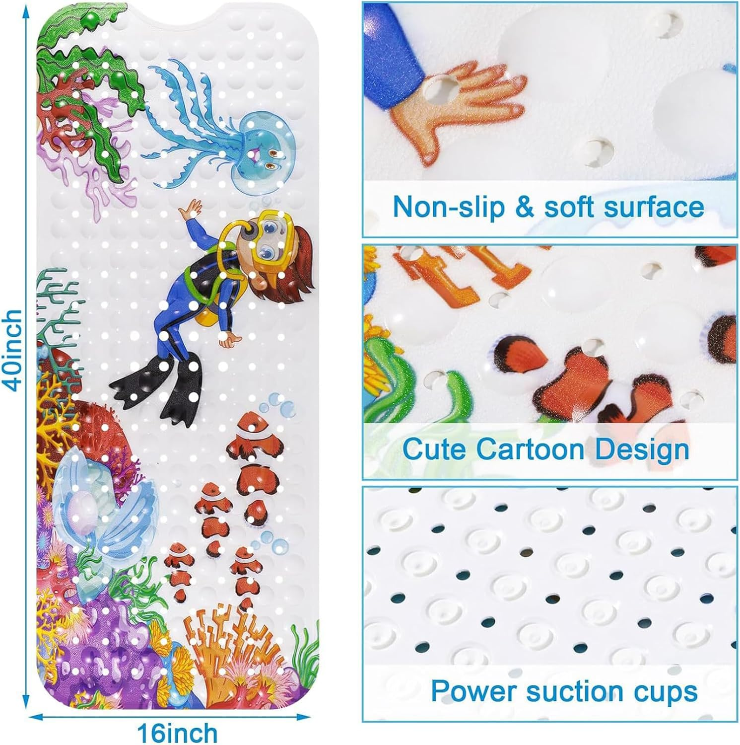 Baby Bath Mat 100X40Cm Non Slip Kids Bathtub Mat with Suction Cups & Drain Holes Cute Cartoon Bath Tub Mat/Shower Mat for Bathroom Baby Toddlers Children Machine Washable (Multicolor1) image number 6
