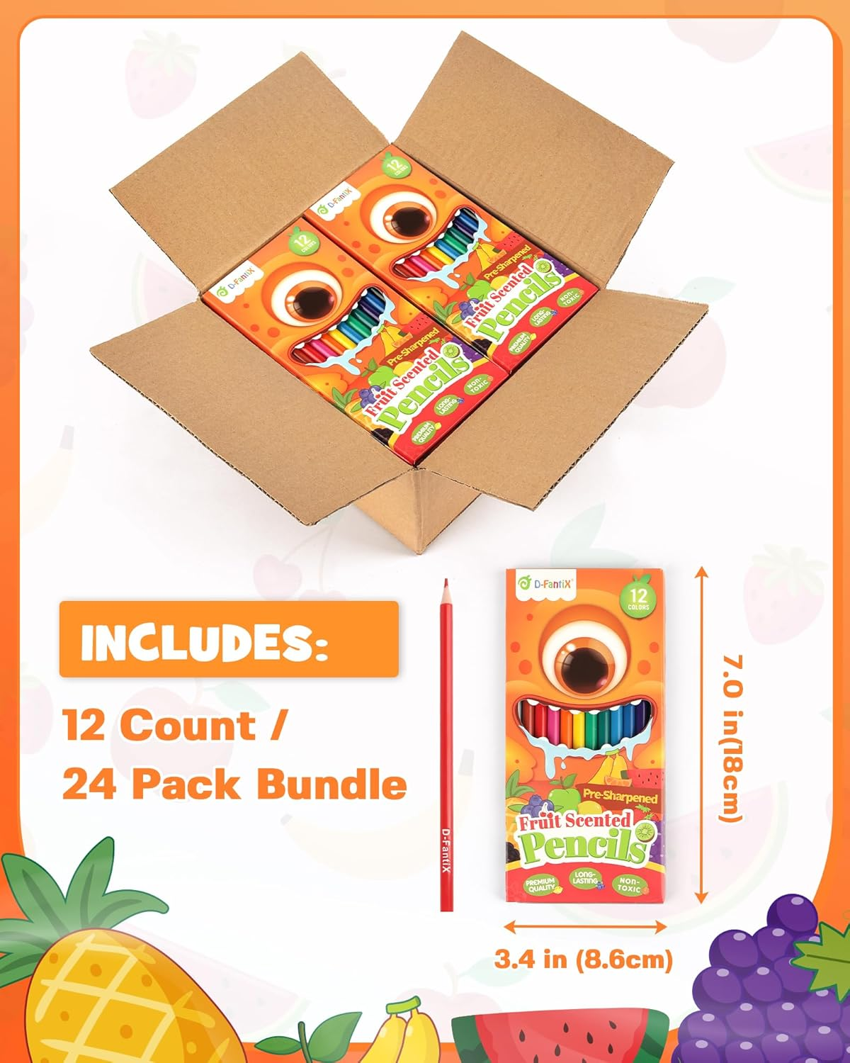 D-Fantix 24 Pack Fruit Scented Colored Pencils Bulk, 288 Count Pre-Sharpened Coloring Pencils Sets for Kids Students, Ideal Gifts for Classroom Prizes, Donations, Party Favors, Back to School Supplies image number 2