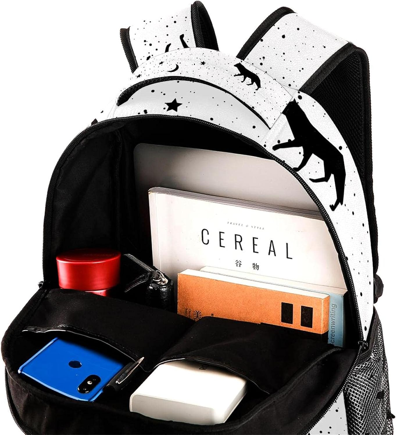 Monochrome Black and White Wolf Patten Backpack Students Shoulder Bags Travel Bag College School Tote Backpacks