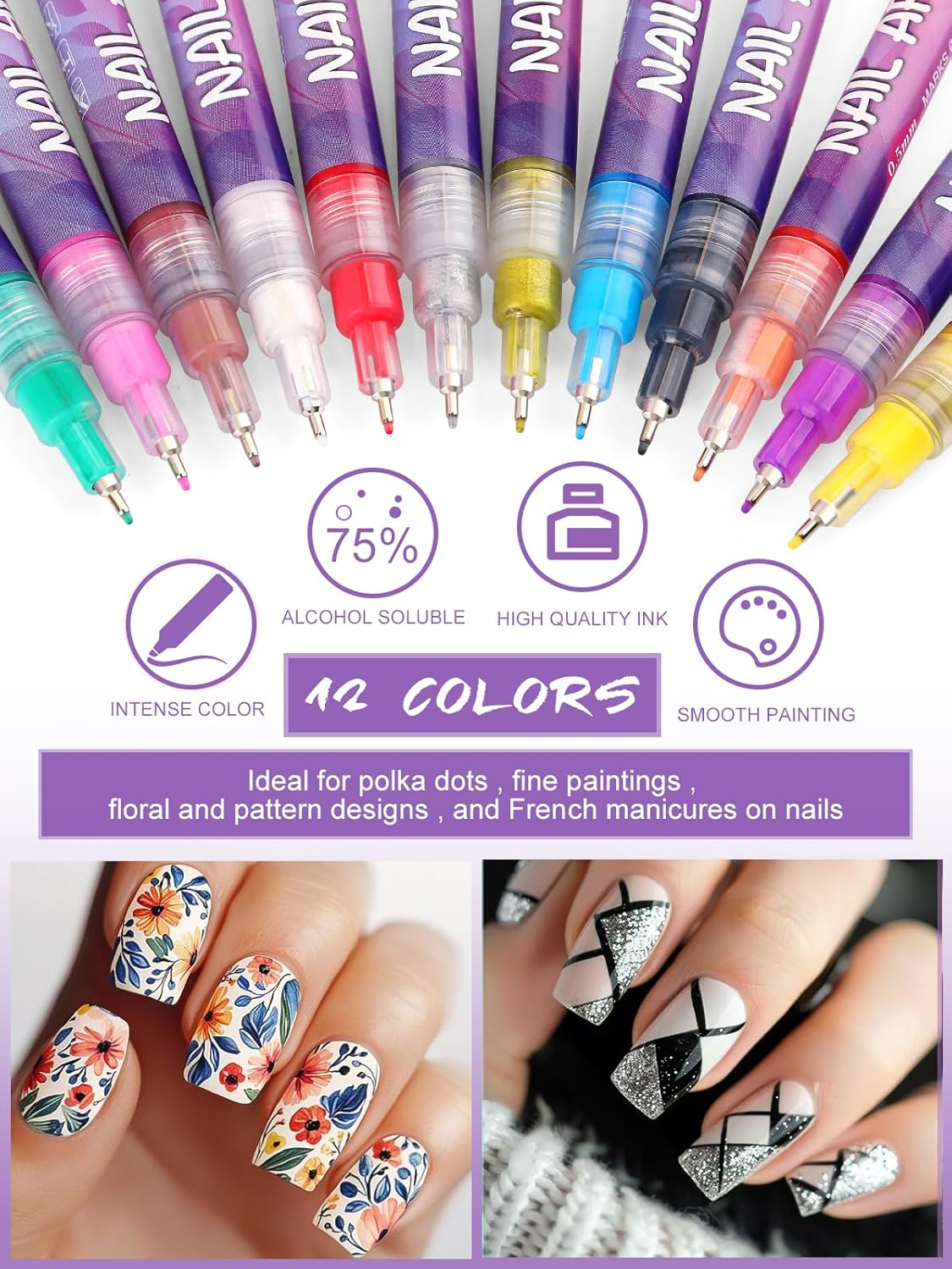 Kalolary 12 Colours 3D Nail Art Pens Upgraded Ultra Thin Tip - Waterproof Nail Polish Pens Quick Drying Nail Graffiti Dotting Painting Liner for DIY Nail Art Design (0.5 Mm) image number 1