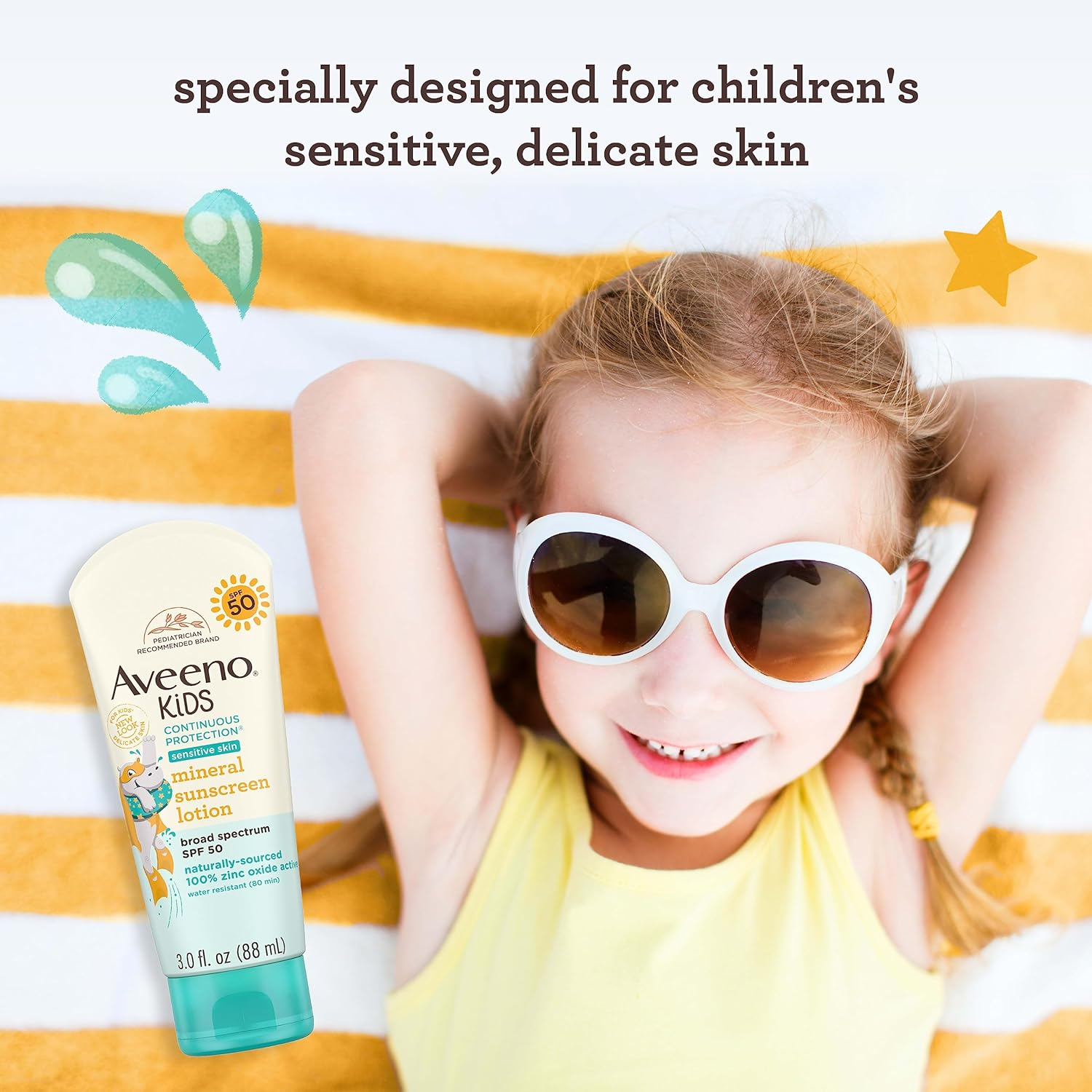 Aveeno Kids Continuous Protection Zinc Oxide Mineral Sunscreen Lotion for Children'S Sensitive Skin with Broad Spectrum SPF 50, Tear-Free, Sweat- & Water-Resistant, Non-Greasy, 3 Fl. Oz image number 5