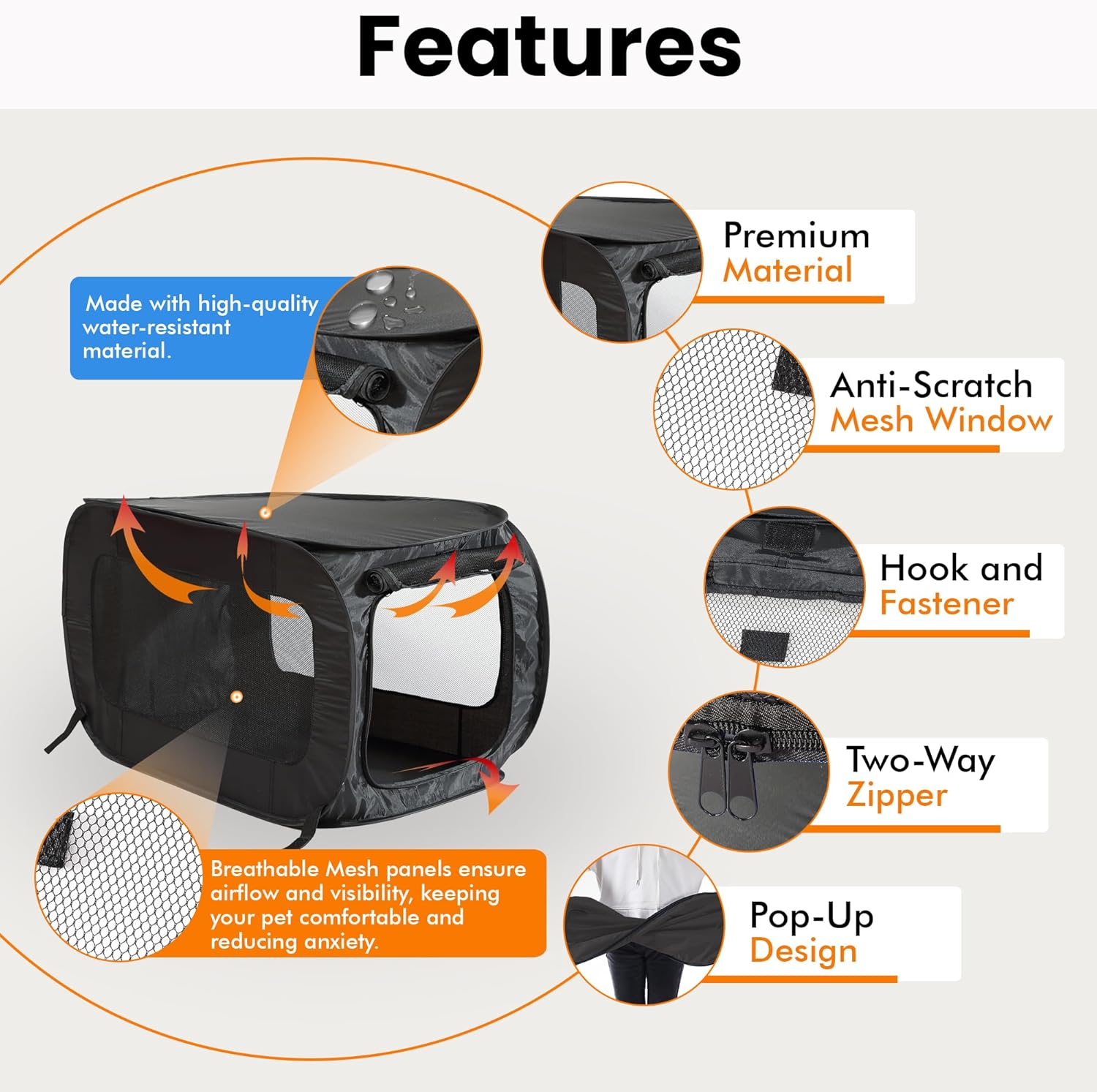 Beatrice Home Fashions Portable, Collapsible, Pop up Travel Pet Kennel, 24" L X 16.6" W X 16" H, Black image number 5