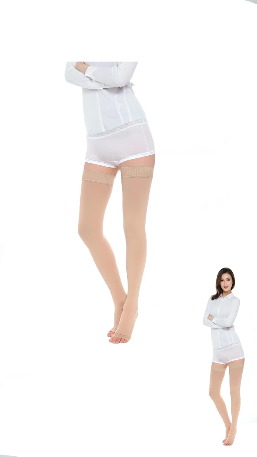 Thigh High Compression Stockings for Varicose Vein Relief and Comfort - Open Toe Design for Swollen Legs, Travel, Flight, and Pregnancy Support - Beige, Size Medium image number 6