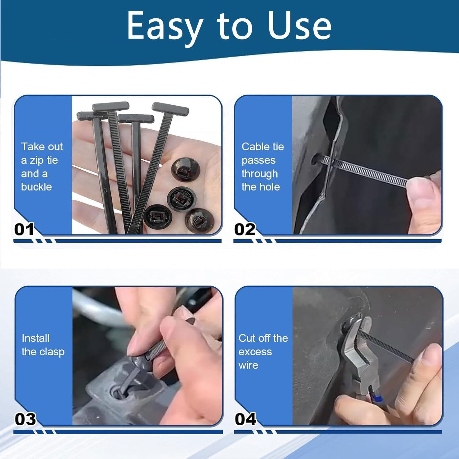 100Pcs Nylon Universal Cable Tie Buckle,Grip Auto Zip Tie Buckles with Pin & Button Design, Plastic Cable Ties Tool Fasteners, High Temperature and UV Resistant Zipties for Car Daily Auto Fixing image number 1