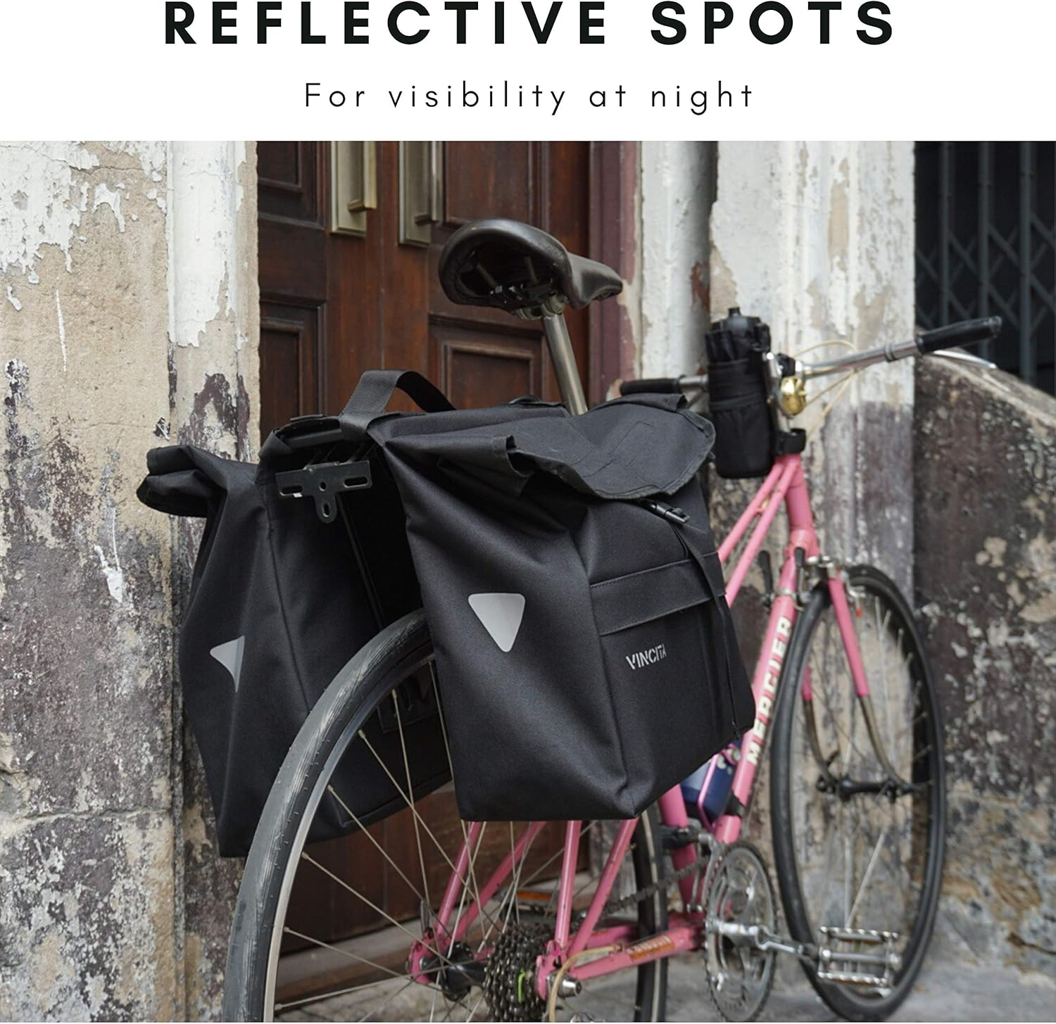 Vincita New Top Load Double Pannier Water Resistant Cycling Side Bags - with Rain Cover, Large, Carrying Handle, Reflective Spots - Bike Rack Carrier Saddle Bag - Bicycle Accessories (Black/Turquoise) image number 6