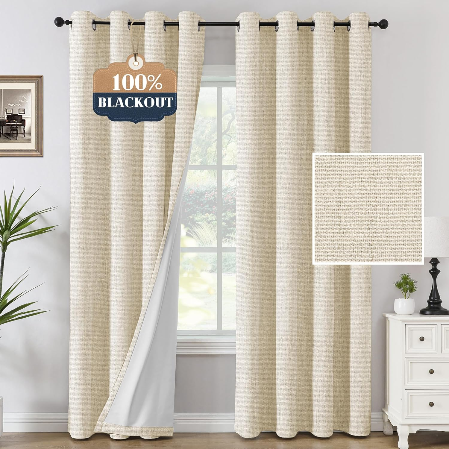 Blackout Curtains Linen Textured Thick Chenille Thermal Curtains Block Out Light and Heat Eyelet Curtains for Bedroom Blockout Curtains 243Cm Drop for Lounge and Spare Room, Heather Ivory