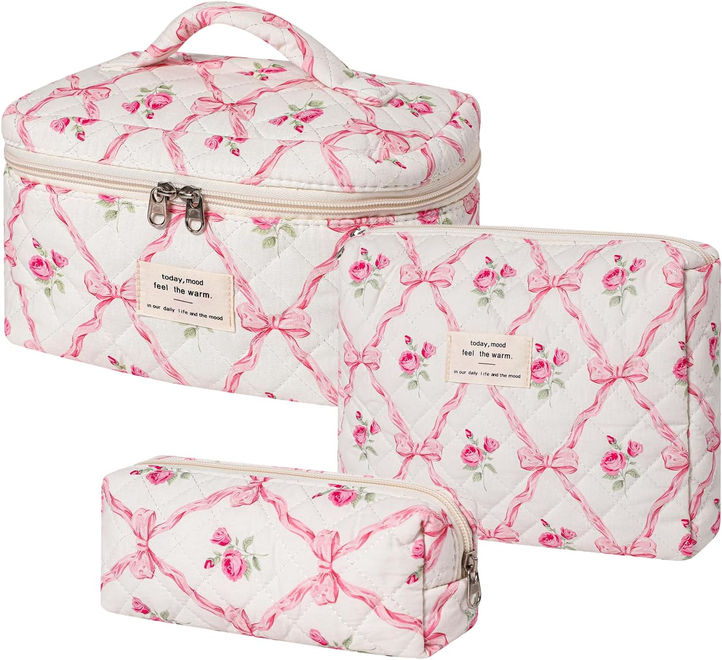 Large Quilted Makeup Bag for Women and Girls, Cute Coquette Floral Cotton Cosmetic Bag, Aesthetic Travel Organized Toiletry Bags, 3Pcs Pink Bows - 01Pink Bows image number 4