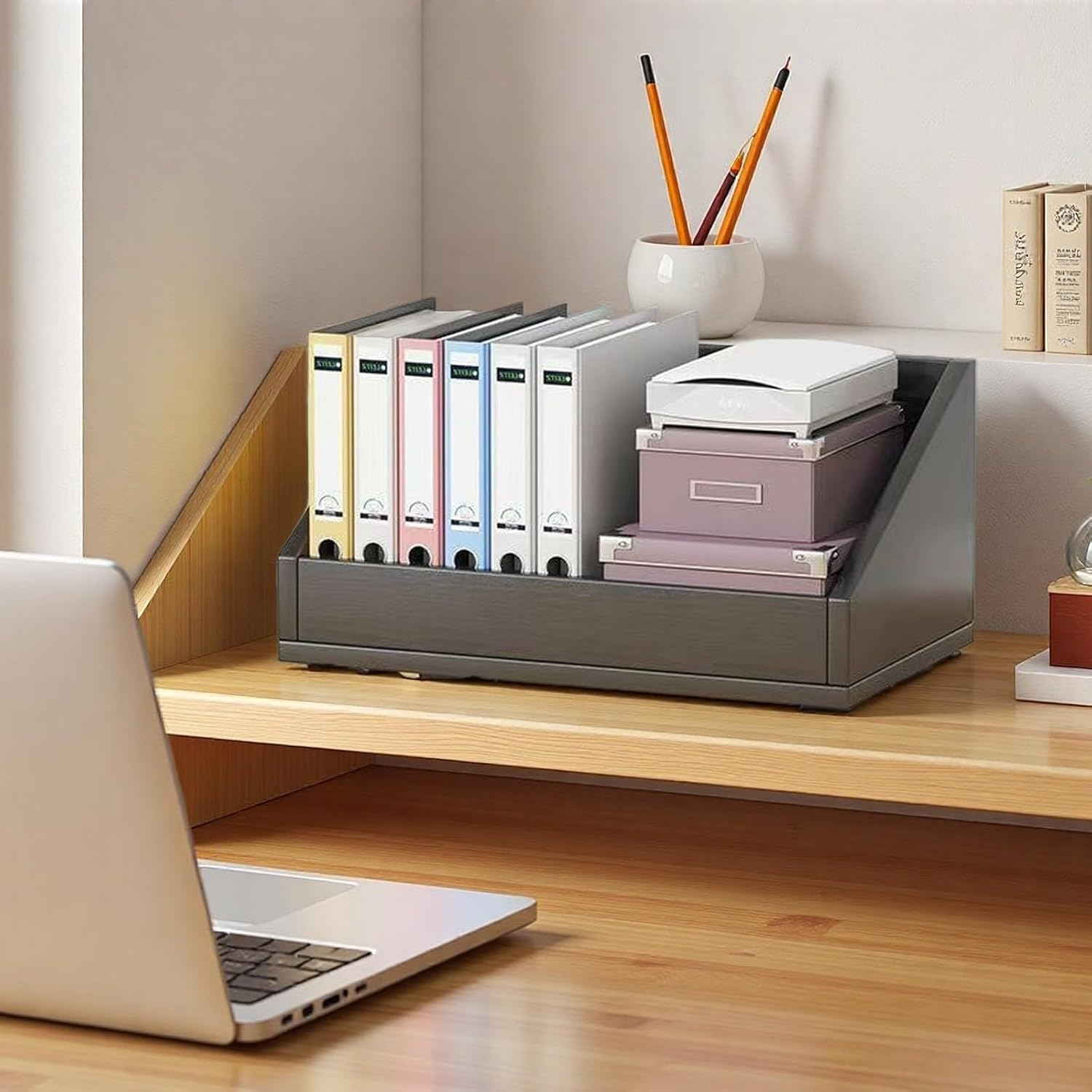 Mobile Organiser Wooden Bookshelf, Office Desk Display Shelf Unit, Book Storage Bookcase, Books Shelves A253 (Black) - White image number 3