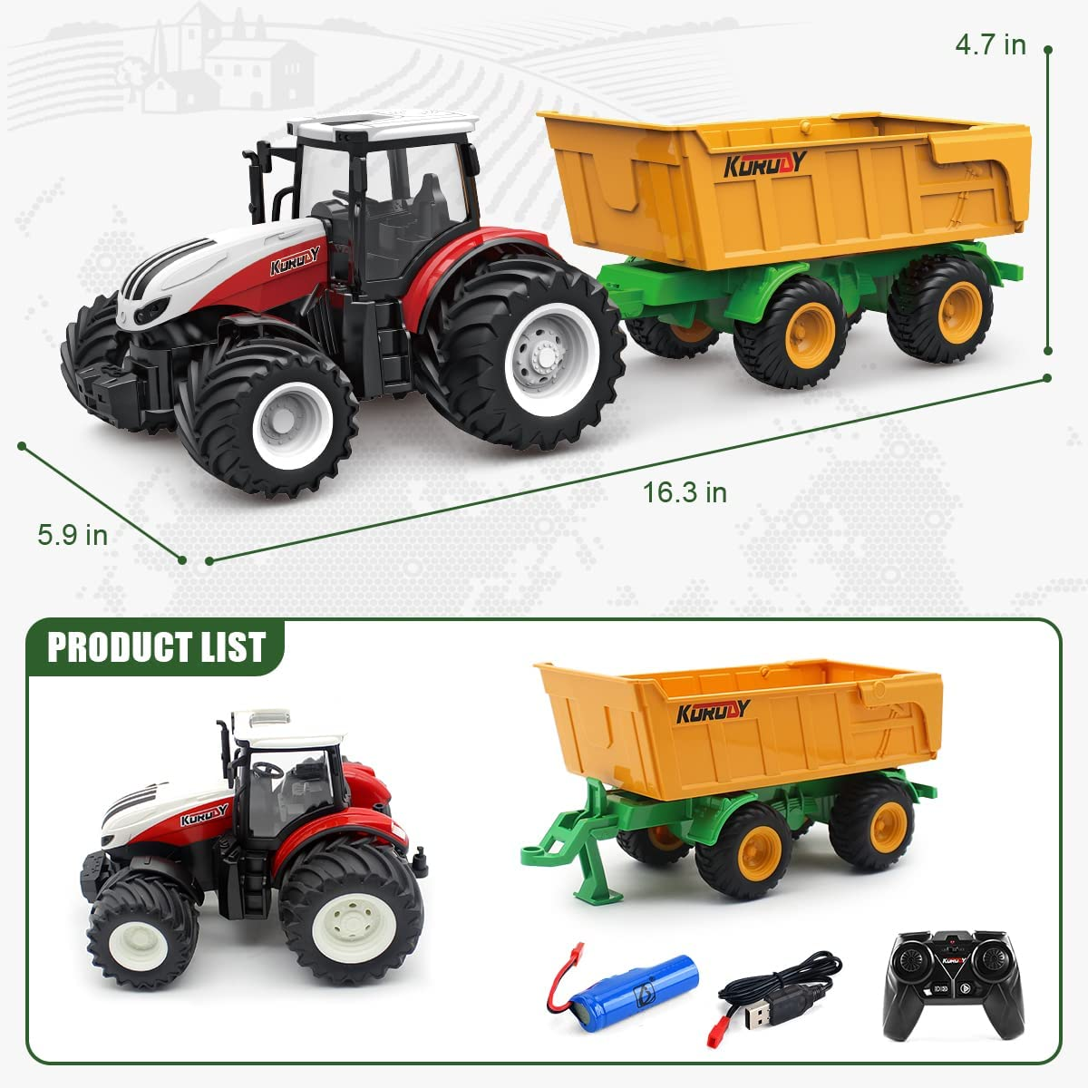Fisca RC Tractor Remote Control Farm Truck with Trailer, 2.4Ghz 1/24 Scale Electronic Tractor Farm Vehicle Toy with Light for Kids Age 5, 6, 7, 8, 9 and up Years Old image number 5