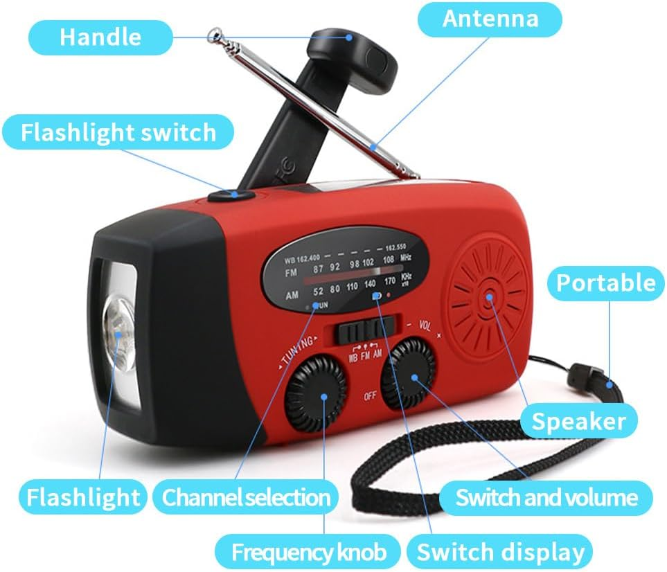 TOMVAES 2000Mah Emergency Crank Weather Radio,Noaa/Fm/Am Solar Radios, Portable Survival Radio,Led Flashlight, Cell Phone Charger for Camping Hiking,Red image number 6
