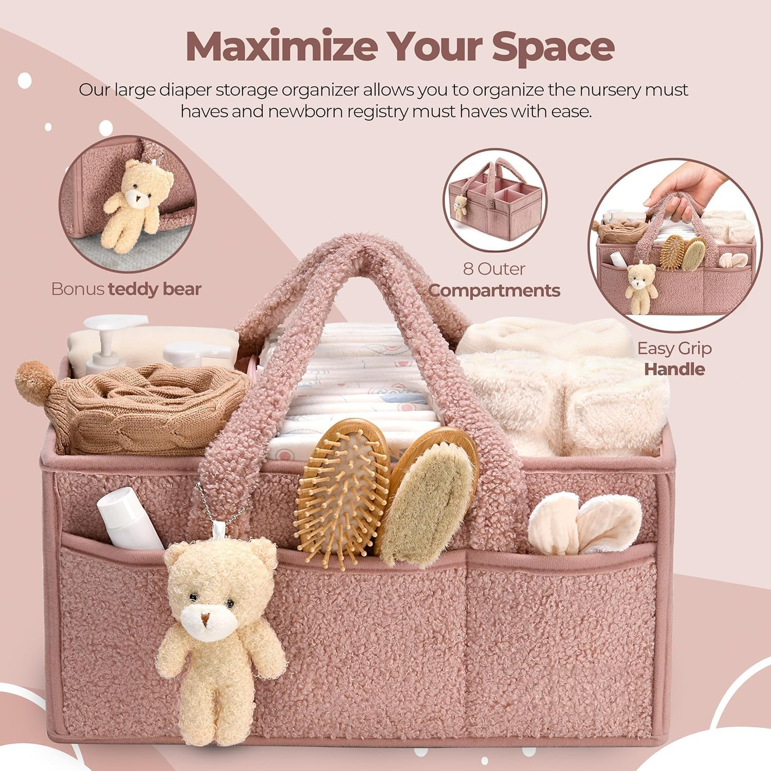 Diaper Caddy Organizer with Handle, Boy & Girl Shower Gift Basket, Portable Diaper Storage Basket Bin for Wipes,Stylish Nursery Storage Basket, Gifts for Baby Shower, Newborn Essentials, Floral Beige image number 3
