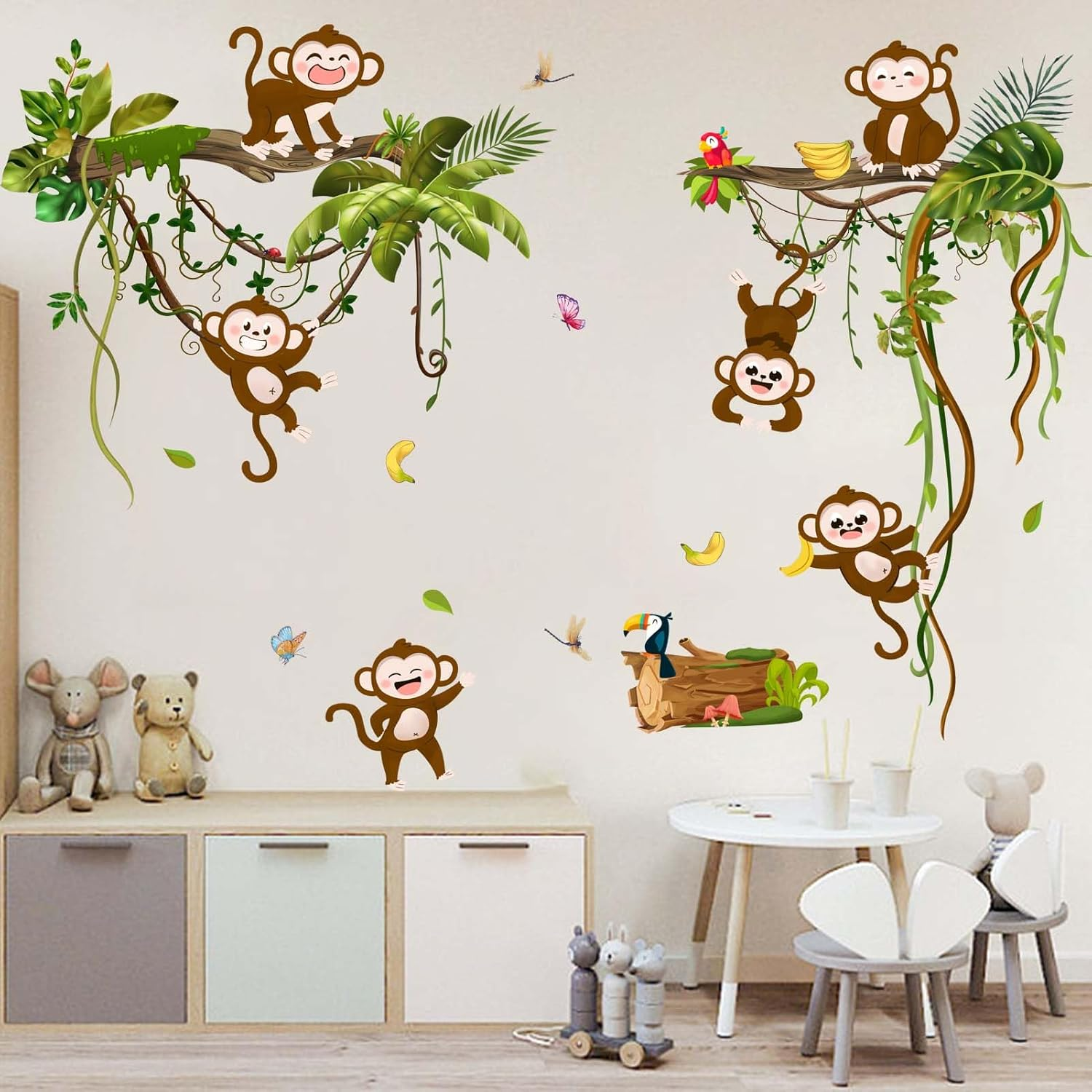 Monkey Climbing Tree Wall Decals - Jungle Animals Vine Leaves Wall Stickers - Baby Nursery Kids Girls Boys Room Daycare Playroom Classroom Wall D&eacute;cor image number 4