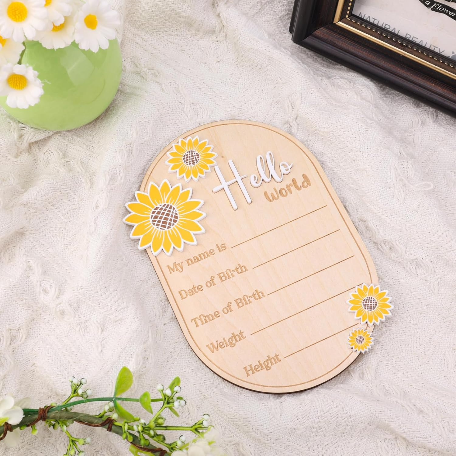 Baby Announcement Sign, 5.9In Newborn Announcement Sign, Oval Sunflower Hello World Sign, Wooden Welcome Birth Baby Name Board Plaques for Boys Girls, Photo Props Baby Shower Hospital Nursery image number 3