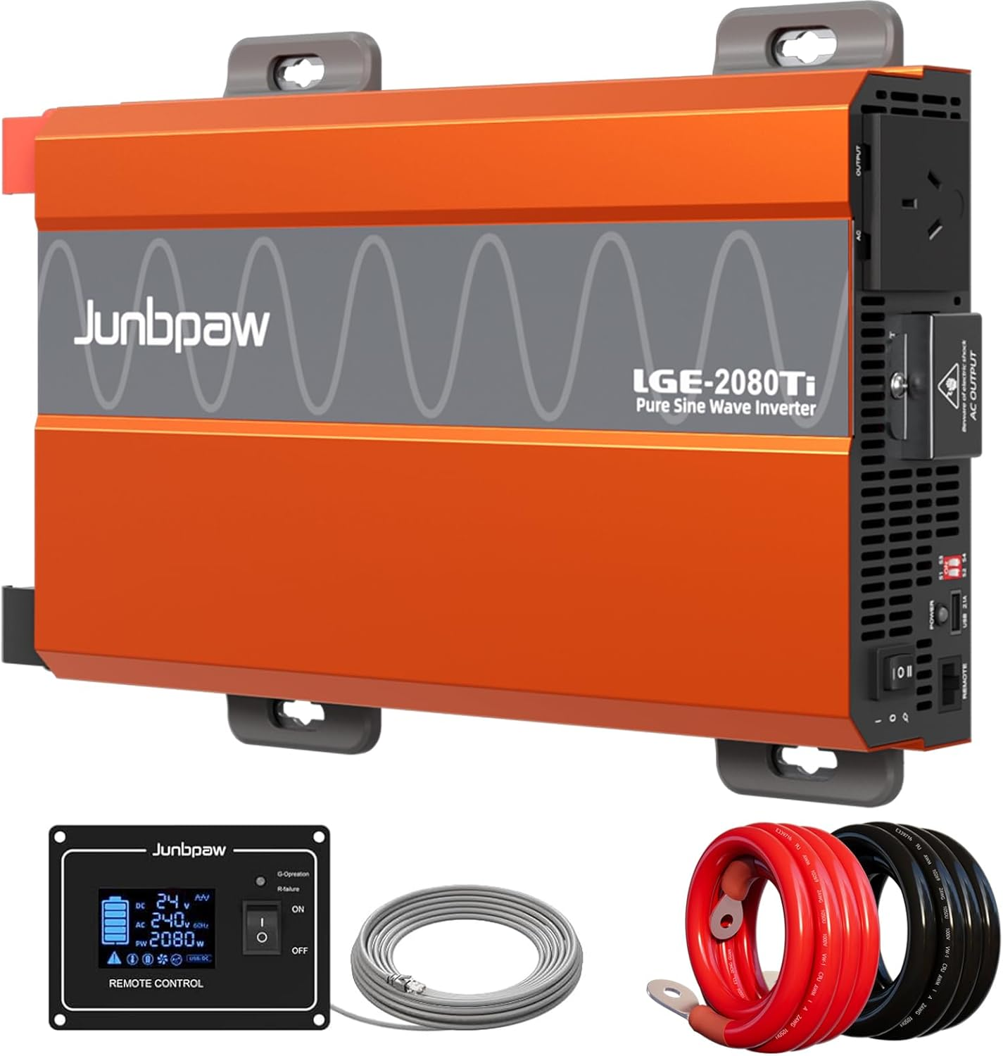 Junbpaw 2080W Pure Sine Wave Inverter, 24V DC to 230V/240V AC, 6000W Peak, 5V/2.1A USB, Quiet Fan, Capacitor, Off-Grid Solar Power for RV, Camping, Emergency, Truck image number 4