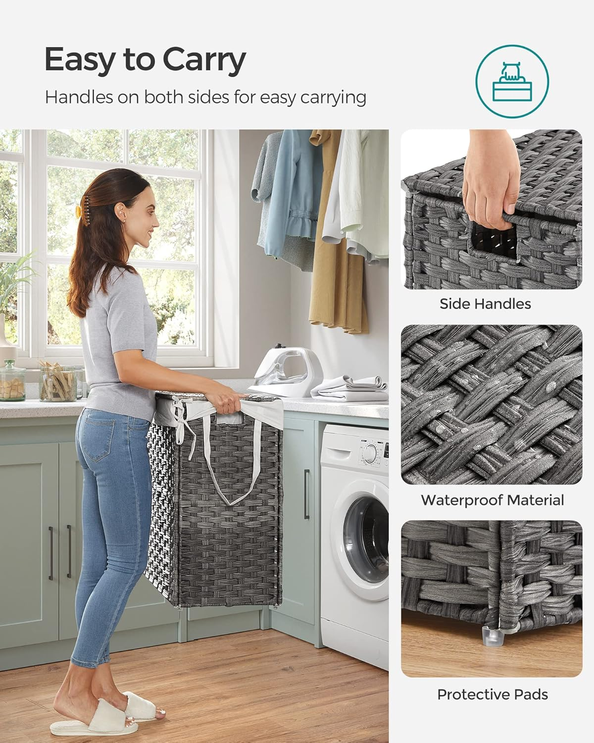 SONGMICS Laundry Hamper, 29 Gal (110L) Divided Laundry Basket with Removable Liner Bag, Synthetic Rattan Handwoven, with Lid and Handles, Foldable, 22.4 X 13 X 23.6 Inches, Gray ULCB52WG image number 3