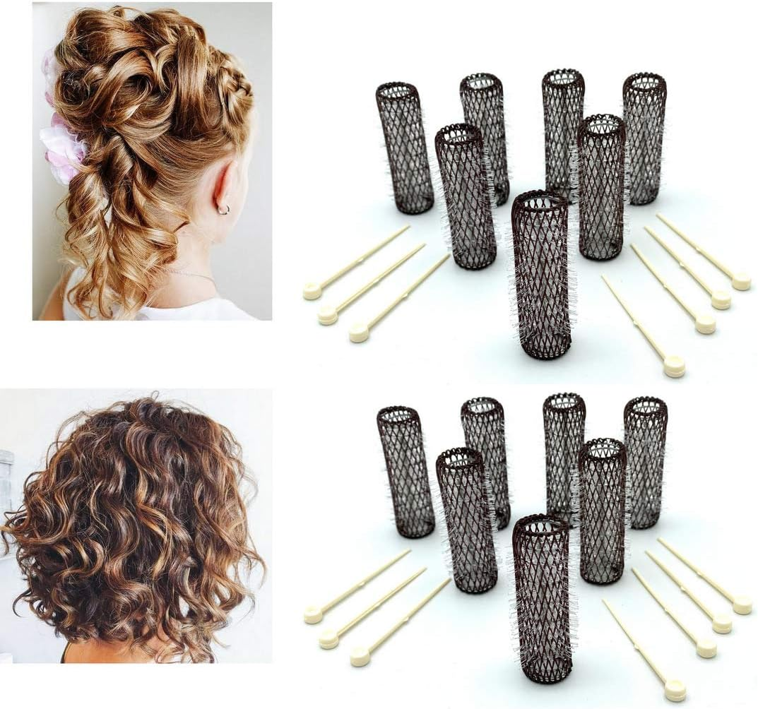 ALAZCO 14 Pc Vintage Style Hair Roller Medium BRUSH ROLLERS & PINS Mesh Hair Curlers with Bristles 2.5"X 3/4", with Flexible Locking Pins