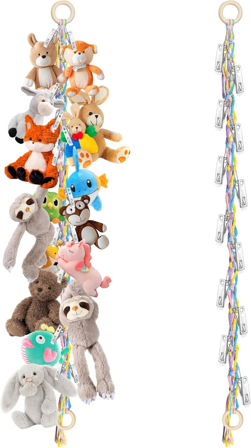 Stuffed Animal Storage Hammock Corner - Hanging Stuffed Animal Holder with 20 PCS Metal Clips, Boho Stuffed Animal Organizer Chain for Hanging Hats Socks Holiday Cards