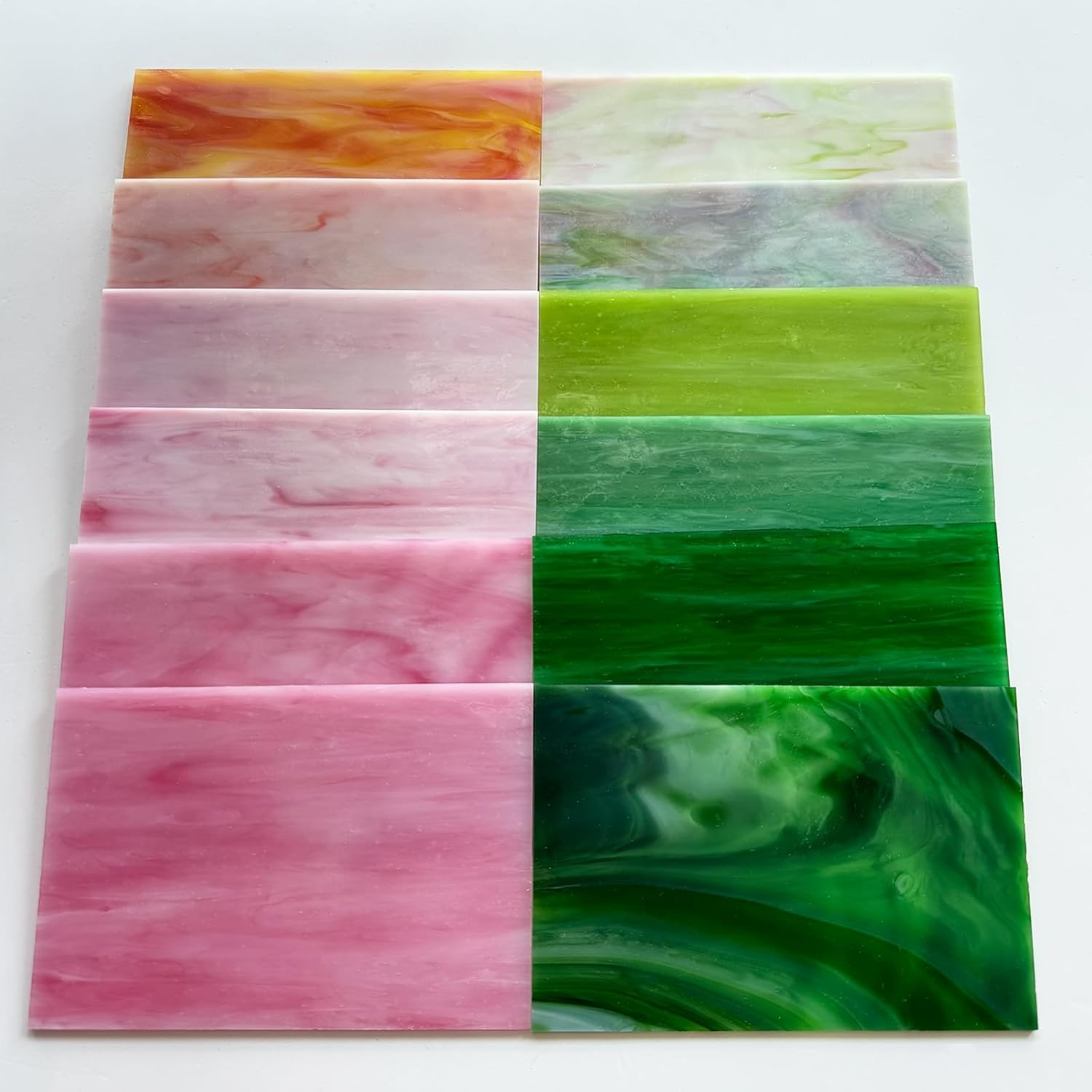 ILLUCKAI 12 Sheets Stained Glass Sheet Pink and Green Collection, 6 X 4 Inch Stained Glass Mosaic Tiles for Stained Glass Projects Mosaic Crafts image number 3