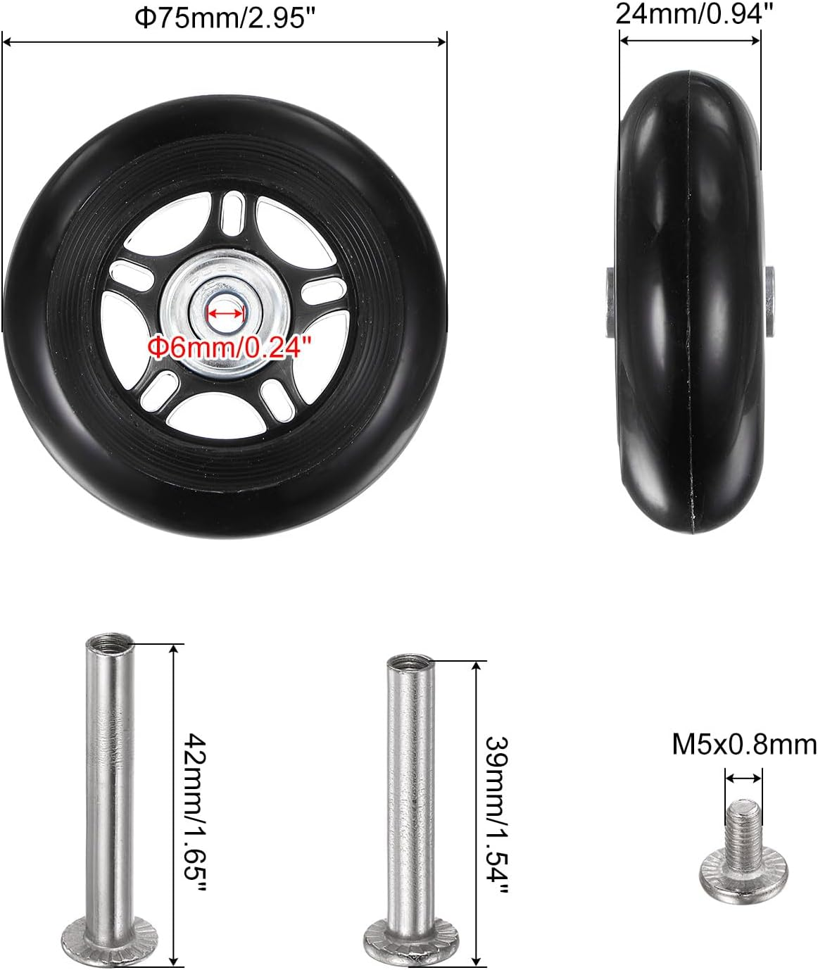 Uxcell Replacement Luggage Wheels 75X24Mm Suitcase Wheel Repair Kits Include 2 PU Bearing Wheels & Washers, Wrenches & Axle Screw for Trolley Bag, Inline Skate and Caster Board image number 1