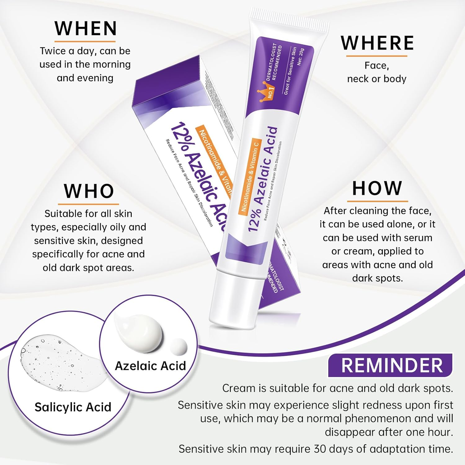 Azelaic Acid 12% Acne Cream,Azelaic Acid Serum with Niacinamide & Vitamin C Reduces Redness,Acne,Soothes Irritation,Azelaic Acid for Facial Exfoliation, Blackheads & Scars, 20G image number 4