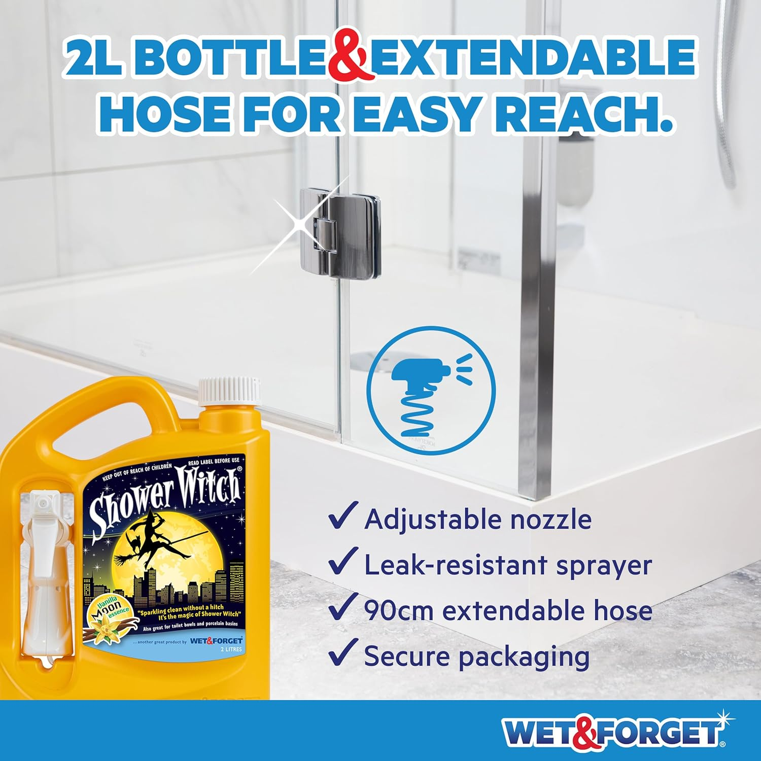 Wet & Forget Shower Witch 2 Litre No-Scrub Shower Cleaner Spray | Bathroom Cleaner for Soap Scum, Tiles & Glass | | Safe for Septic Tanks | NZ Made image number 6