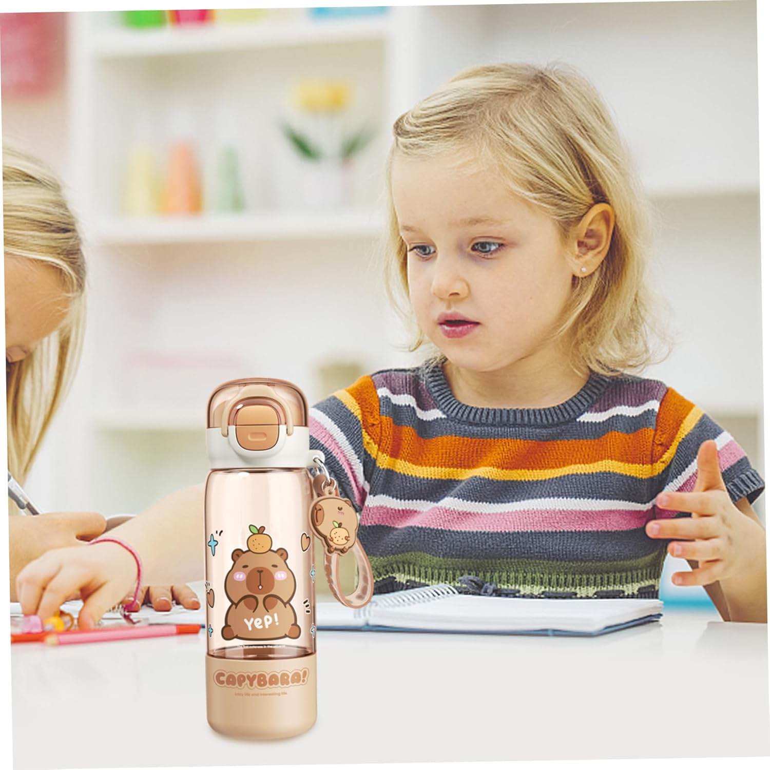 Capybara Water Bottle with Lid & Keychain Cute Water Bottle with Silicone Straw, Drinking Cup & Spout Portable Heat-Resistant Food Grade for Kids & Girls, 510Ml