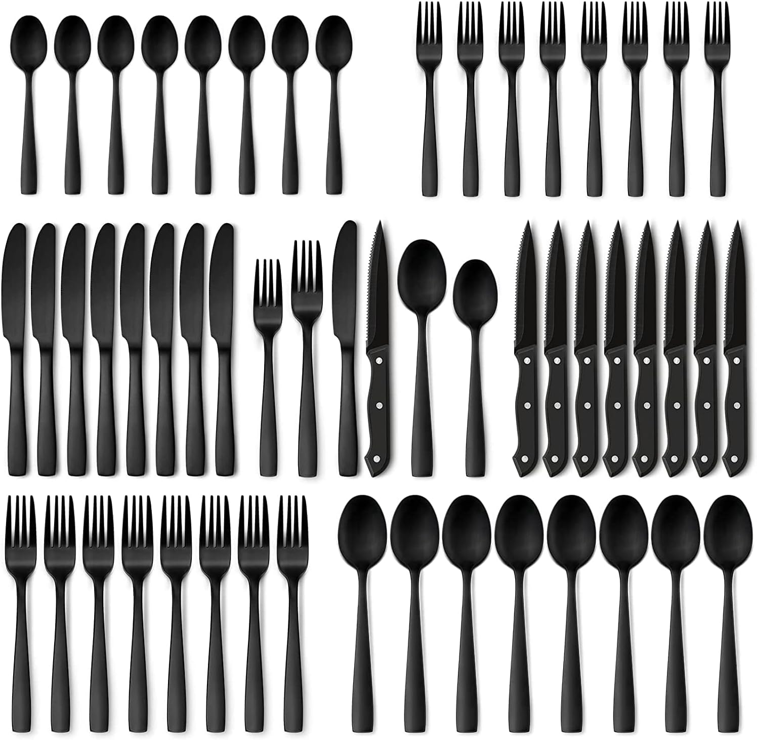 Hiware 48-Piece Matte Black Silverware Set with Steak Knives, Black Flatware Set for 8, Stainless Steel Tableware Cutlery Set, Utensil Sets for Kitchen, Hand Wash Recommended image number 0