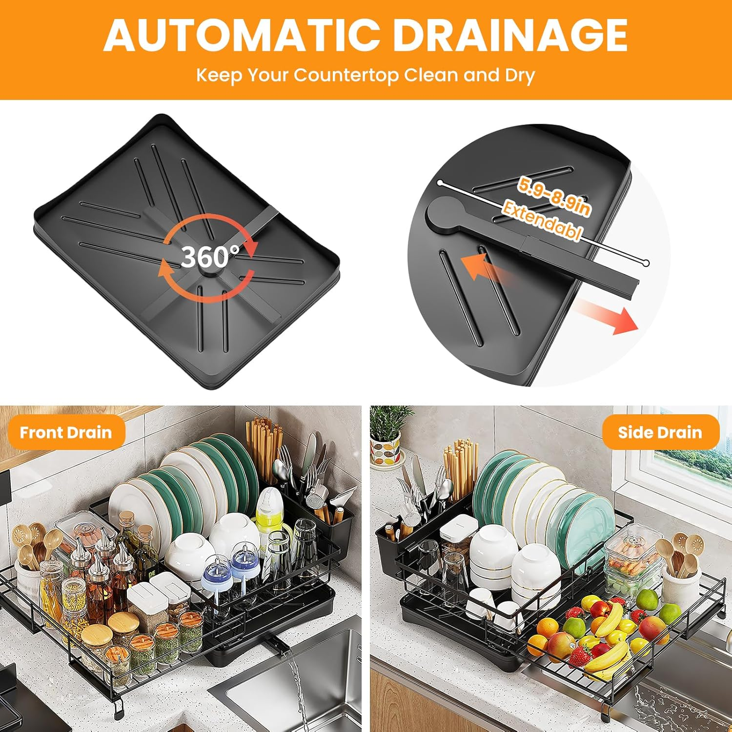 Dish Drying Rack, Expandable Dish Racks for Kitchen Counter and Sink, Drying Rack Dish Drainer with Cutlery Holder for Kitchen Storage & Organisation image number 4