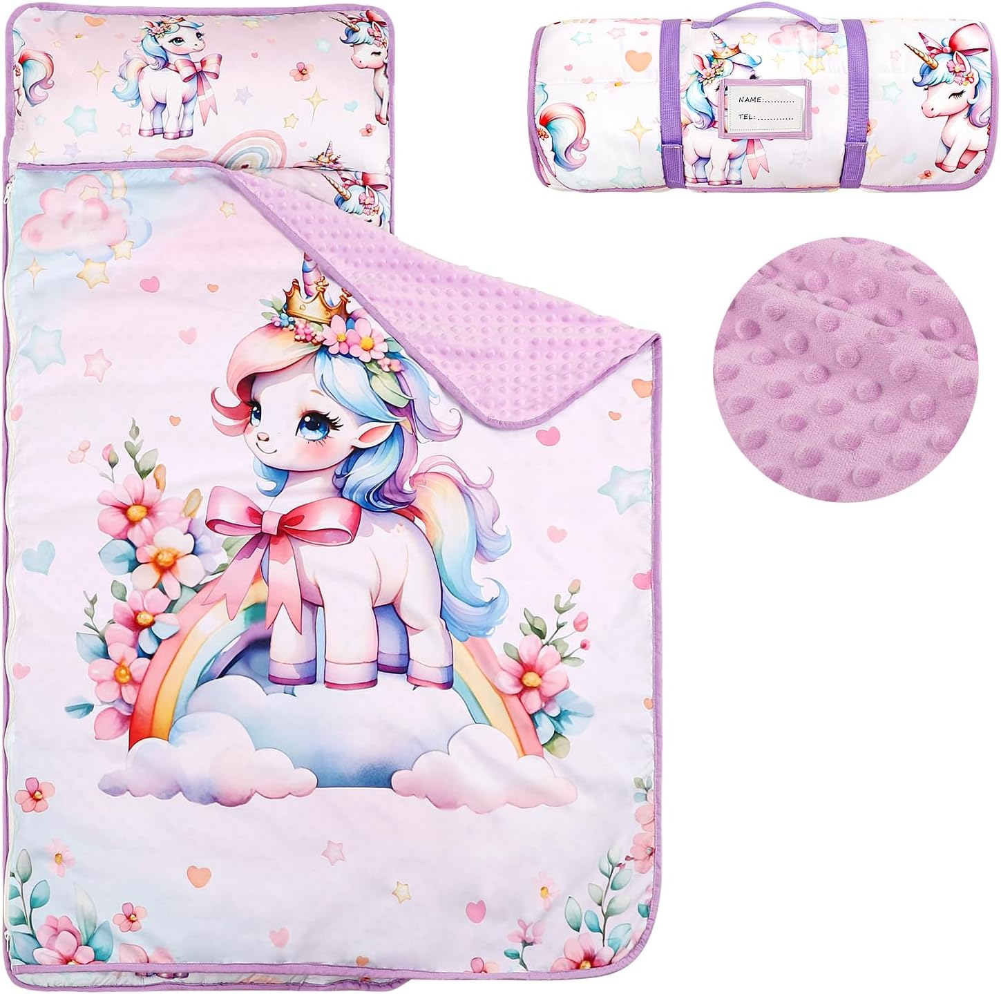 Toddler Nap Mat with Removable Pillow & Soft Minky Blanket, HNHUAMING Extra Large Rolled Napping Mats for Girls Boys, Kids Slumber Bags for Daycare, Preschool Travel Camping image number 4