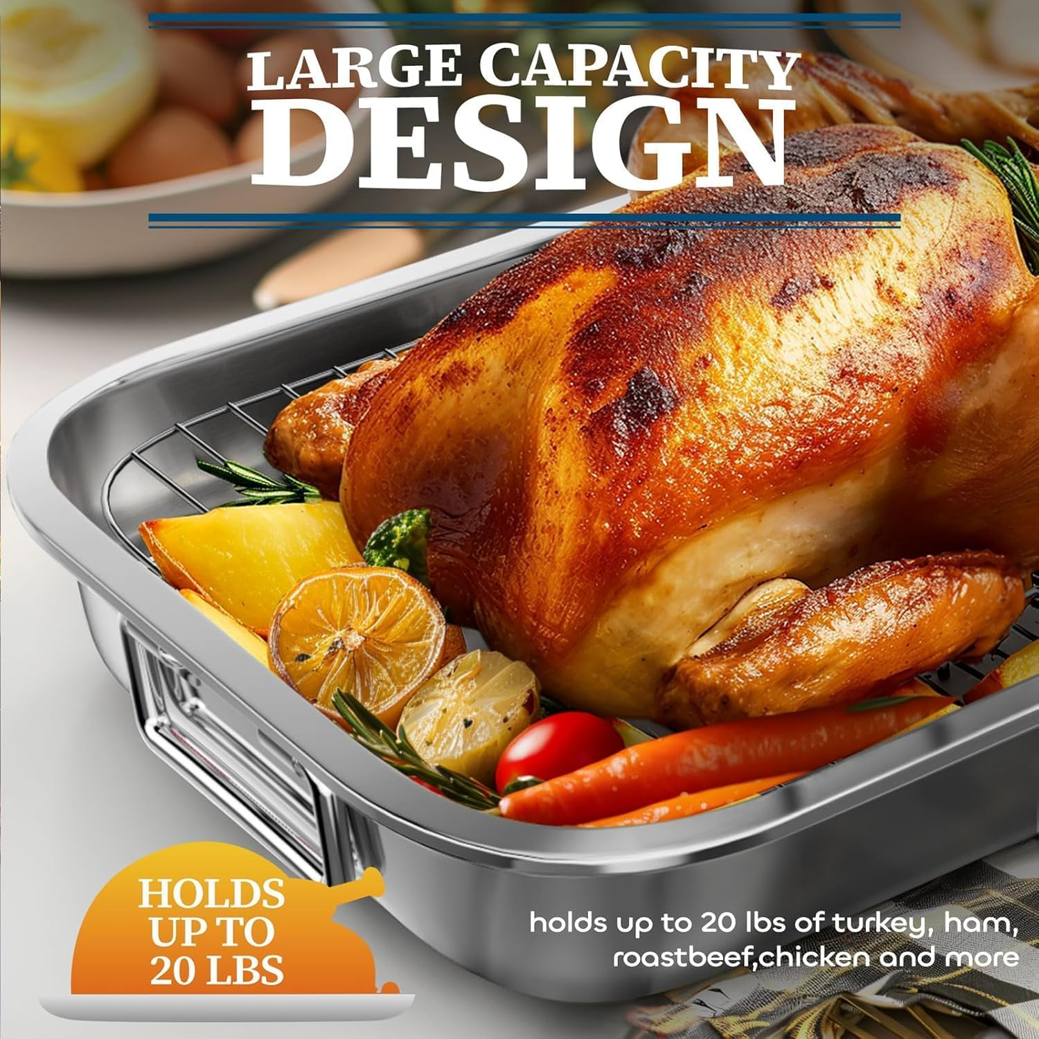 Stainless Steel Roasting Pan, Roaster Pan with Baking Rack, Stainless Steel Cookware, Lasagna Pan with Handles for Kitchen,Large Grill Pan, Deep Baking Pans,Oven and Dishwasher Safe Non-Stick image number 2