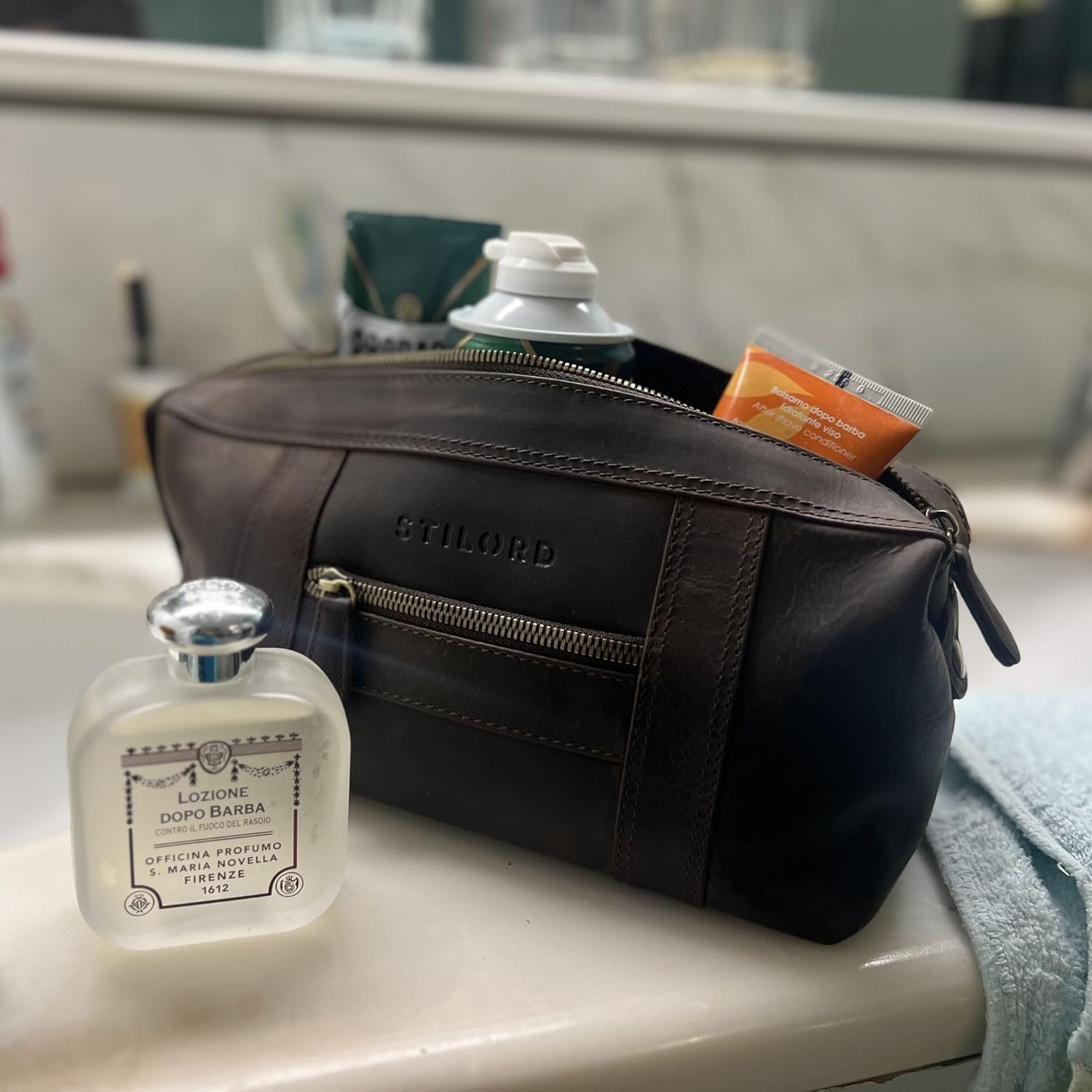 STILORD 'Bruno' Leather Toiletry Bag Vintage for Men Women Large Toiletry Bag Two Compartments Wash Bag with Handle for Travel - Dark - Brown image number 2