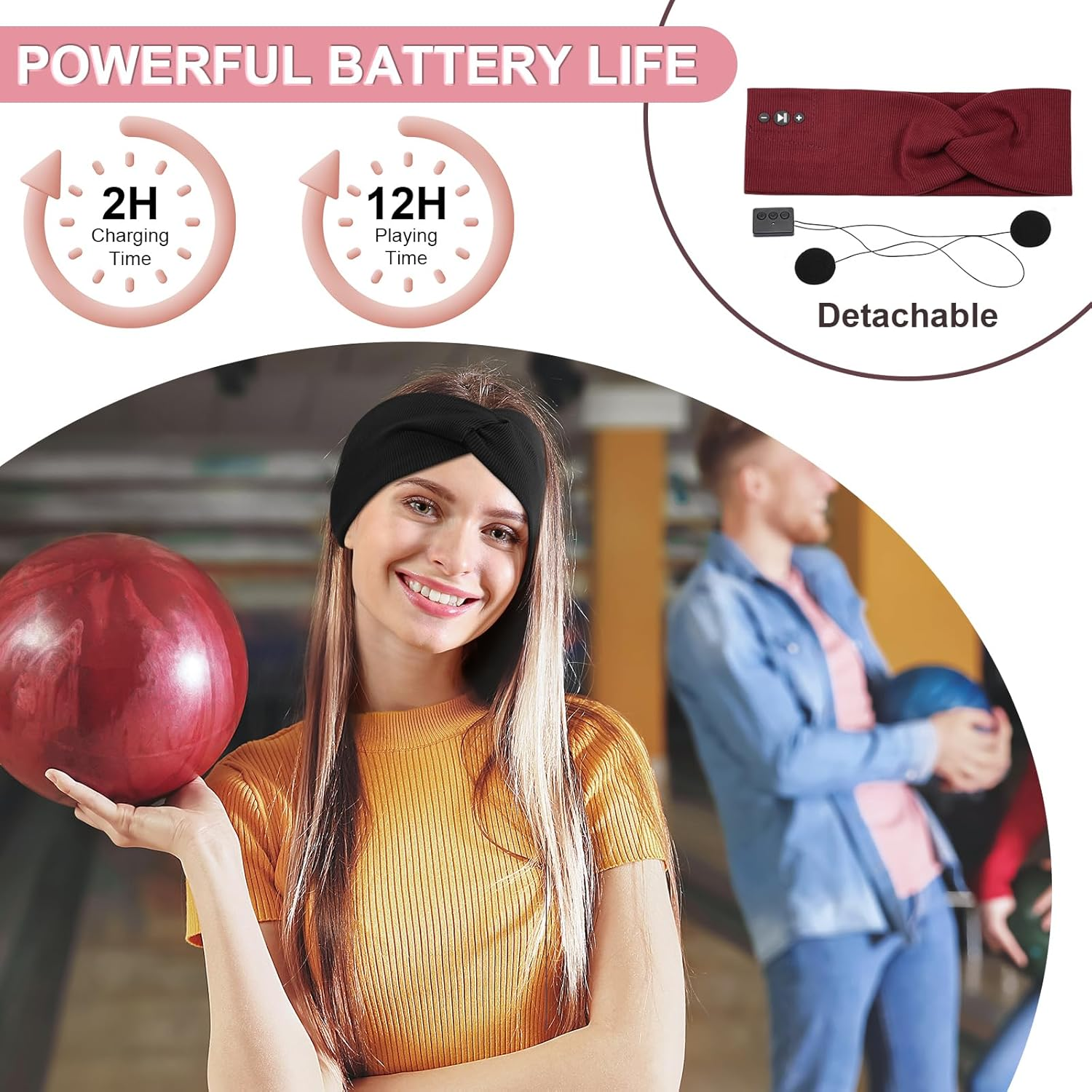 BULYPAZY 2-Pack Headband Headphones with Thin HD Speakers, Bluetooth Headband for Women, Stylish Knotted Headband, Cozy Band Headphones for Workout, Running, Yoga, Travel, Meditation - Red&Black image number 5