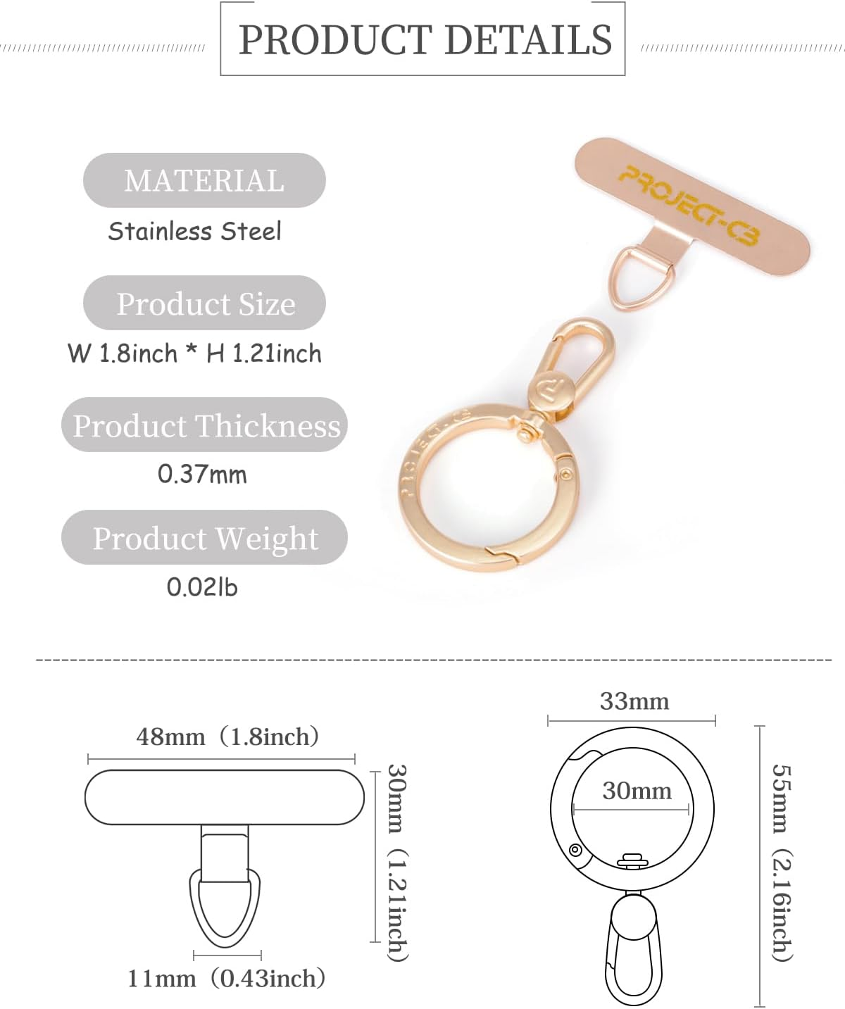 Project-Cb Phone Tether Tab &times;1,Spring Ring &times;1,Metal Patch,Universal Phone Lanyard Patch without Adhesive,Phone Strap Replacement Part for Cell Phone (Gold) - Gold image number 2