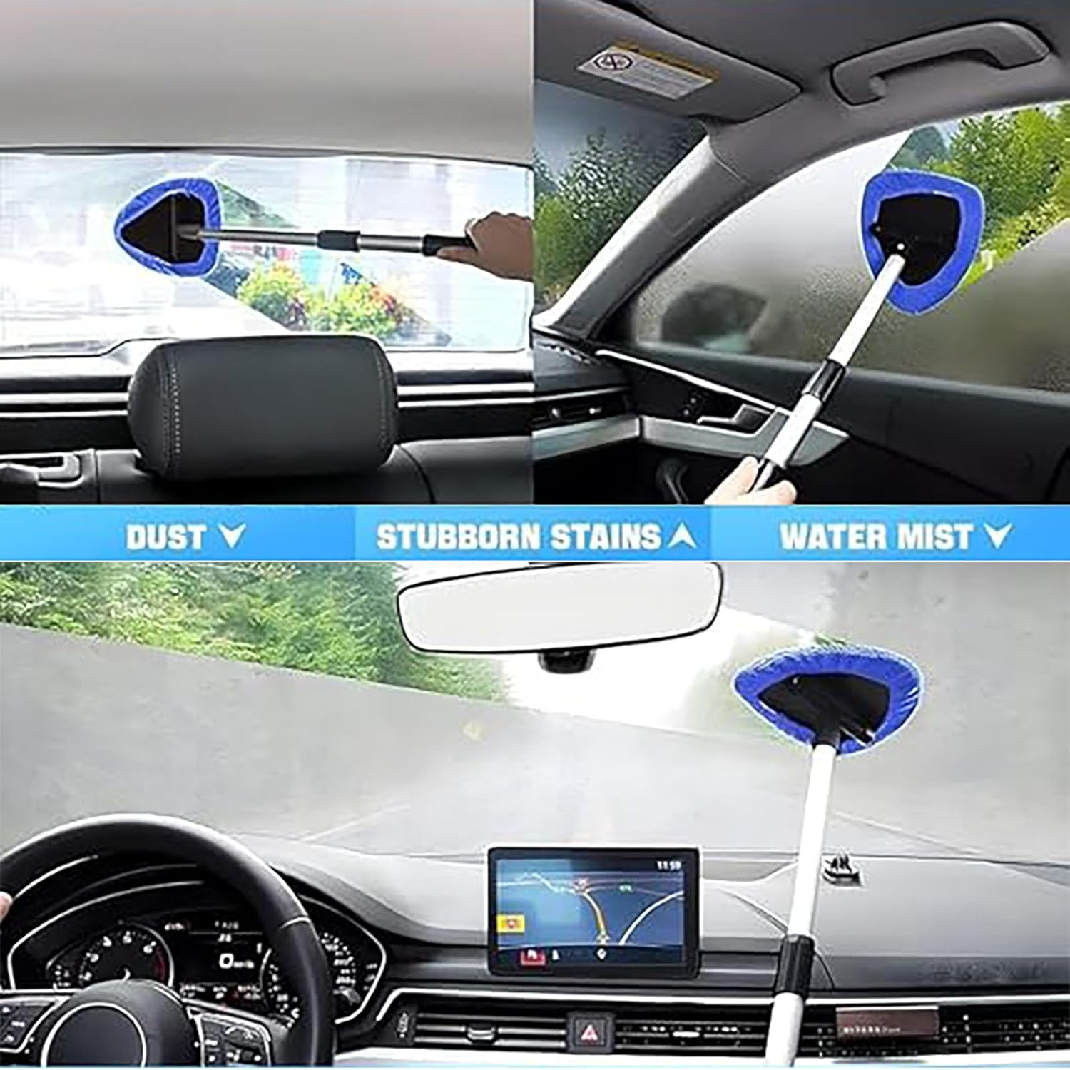 SYGELER Windshield Cleaner Tool,Professional Window Cleaning Kit with Extendable Handle - 4 Reusable Microfiber Pads, Detail Brush & Spray Bottle | Universal Car/Home/Office Glass Cleaner Tool