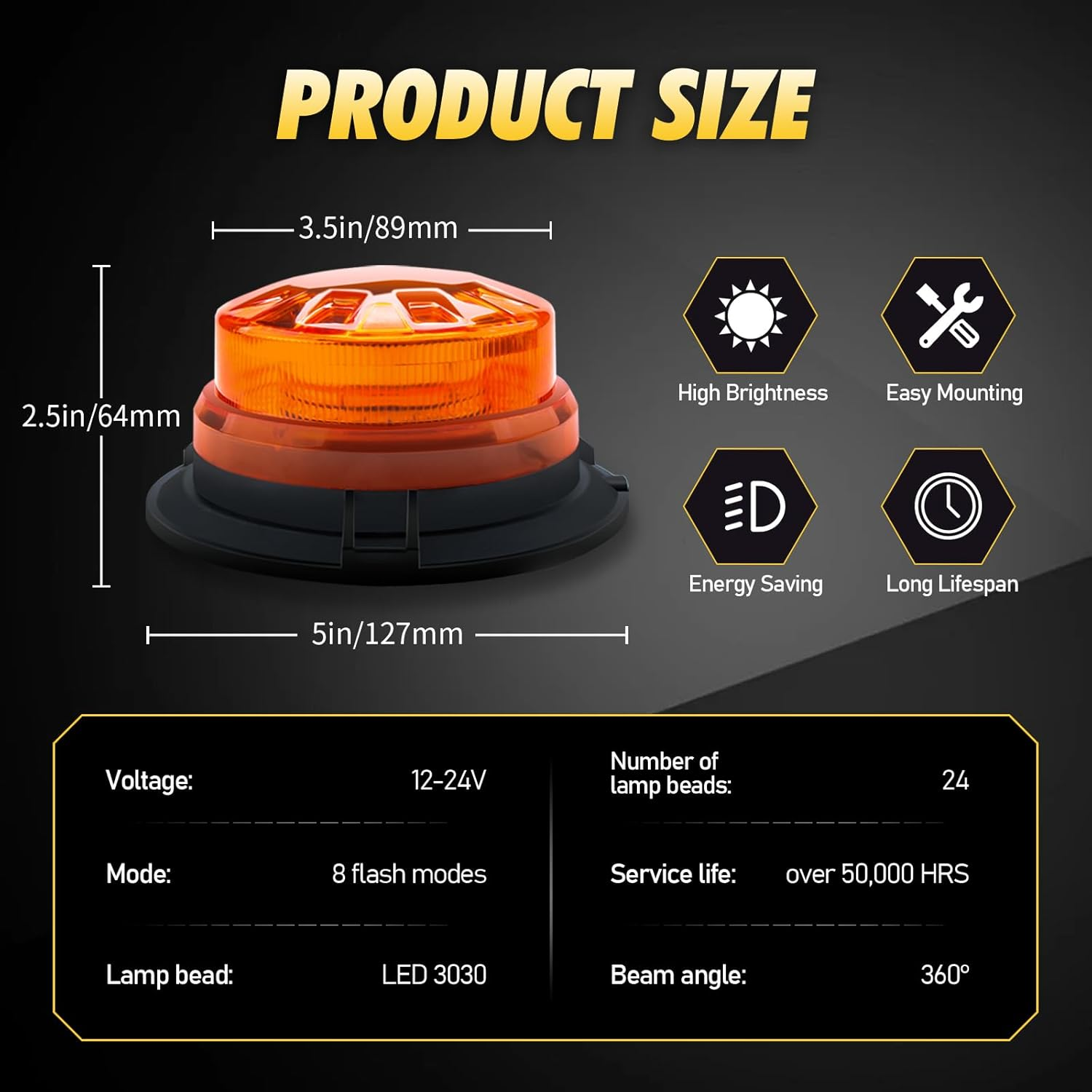 Kaidengzhe LED Strobe Lights with Magnetic, 8 Flash Modes Waterproof Beacon Light, 12V-24V Emergency Flashing Warning Car Top Lamp for Vehicle Forklift Truck Tractor Golf Carts UTV Car Bus, Amber image number 6
