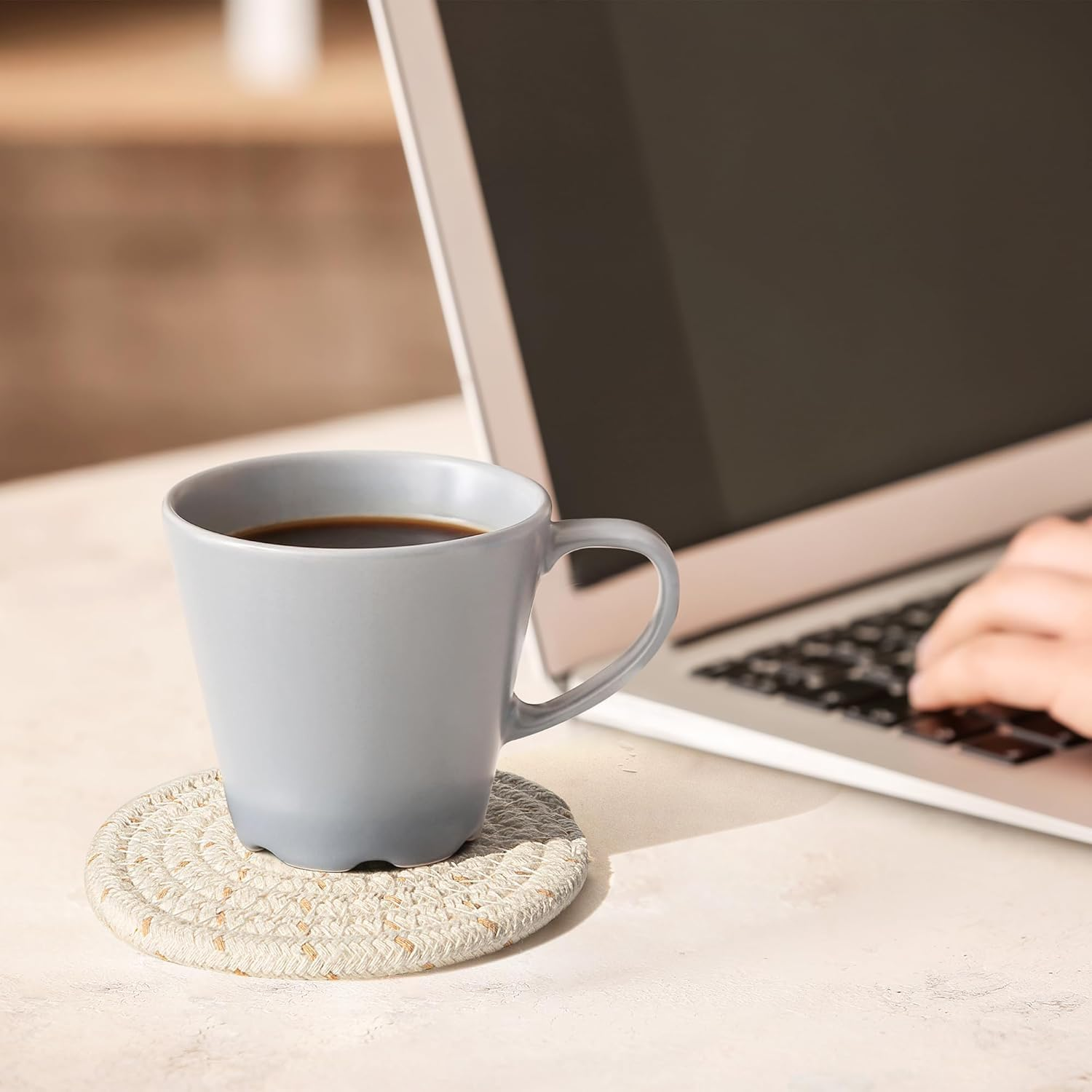 Chamgeco 8Pcs Drink Coasters with Metal Holder, Boho Cotton Woven Absorbent Coasters for Drinks, 4 Colors Minimalist Cup Coaster Set for Home Decor Coffee Table Protection Housewarming (Multi-Color 1) image number 5