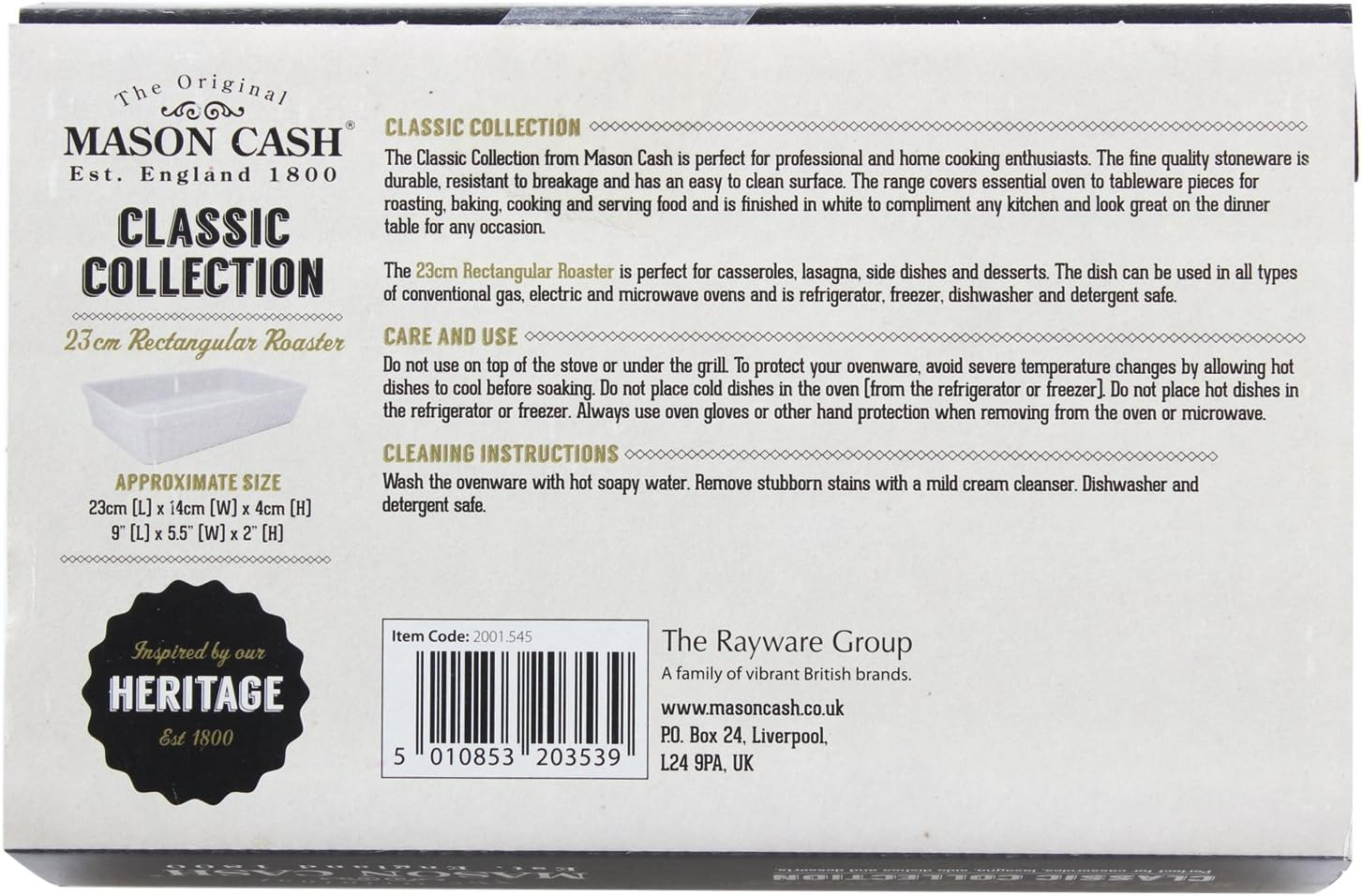 Mason Cash Classic Collection Stoneware Rectangular Roaster, 24.2 X 15.3X 4.9Cms, White 28416 image number 6