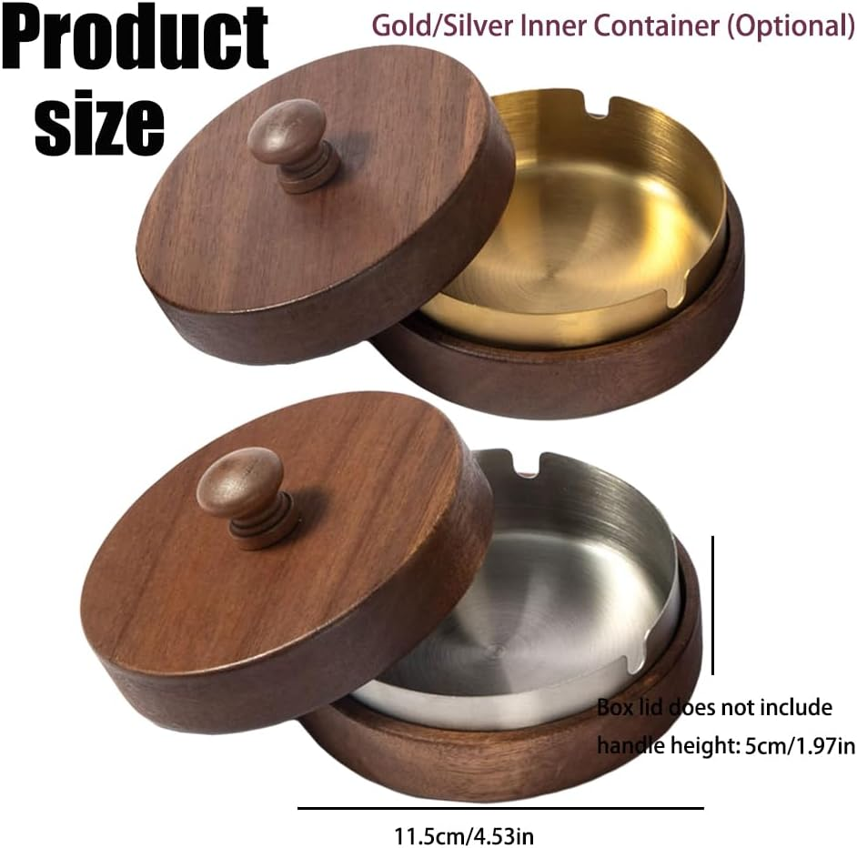 Paifeancodillwooden Ashtray with Lid and Stainless Steel Liner, Portable Ash Tray for Indoor Outdoor Use, Home Office Balcony Parties, Elegant Design (Silvery) image number 2