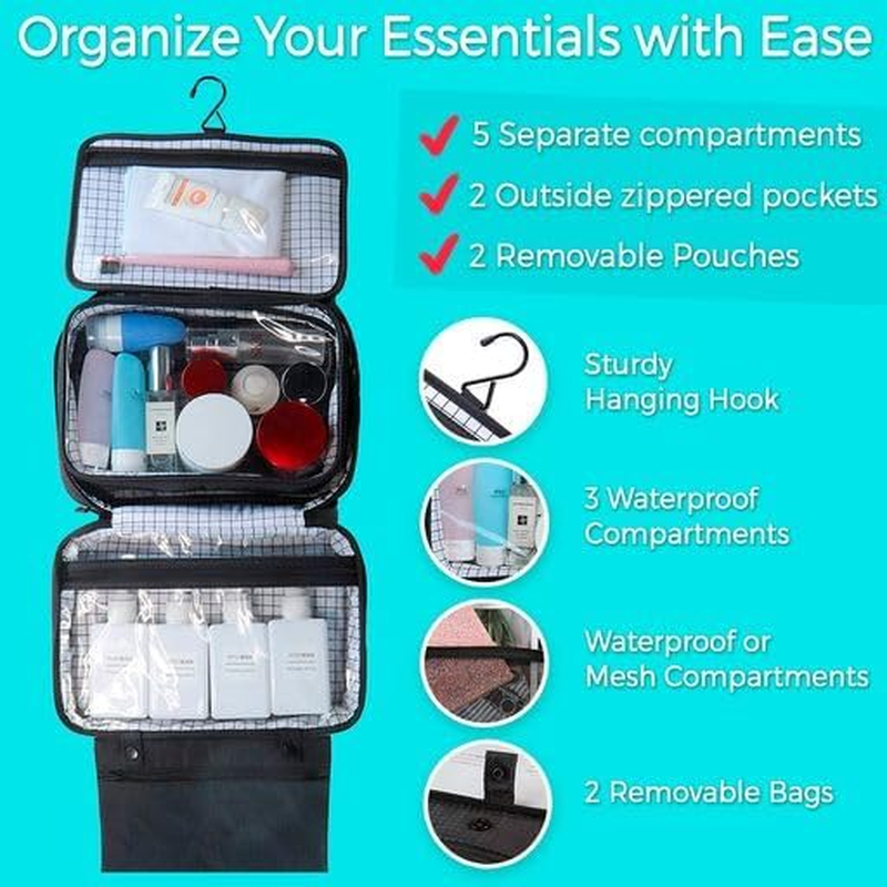 Toiletry Bag Hanging Hook Water Resistant for Cosmetics Toiletries Shaving Items 5 Separate Compartments 2 Removable Pouches Travelling Hiking Weekends Away Unisex from Paton Travel Australia