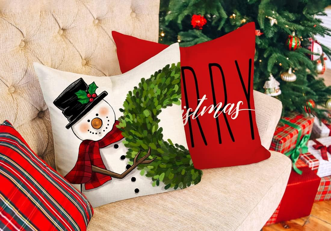 4TH Emotion Red Christmas Pillow Covers 20X20 Set of 4 Farmhouse Christmas Decorations Snowman Wreath Santa Claus Tree Merry Christmas Holly Jolly Winter Holiday Decor for Home Couch S22C17-20 image number 2